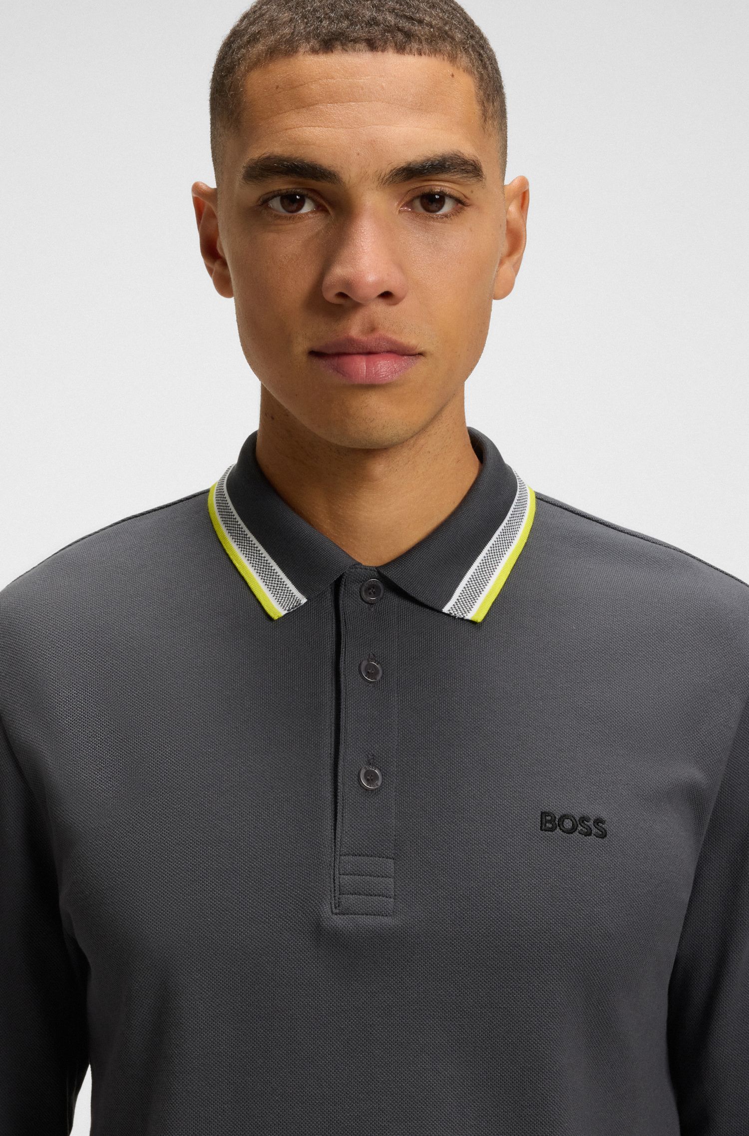 BOSS - Áo polo tay dài vải cotton piqué