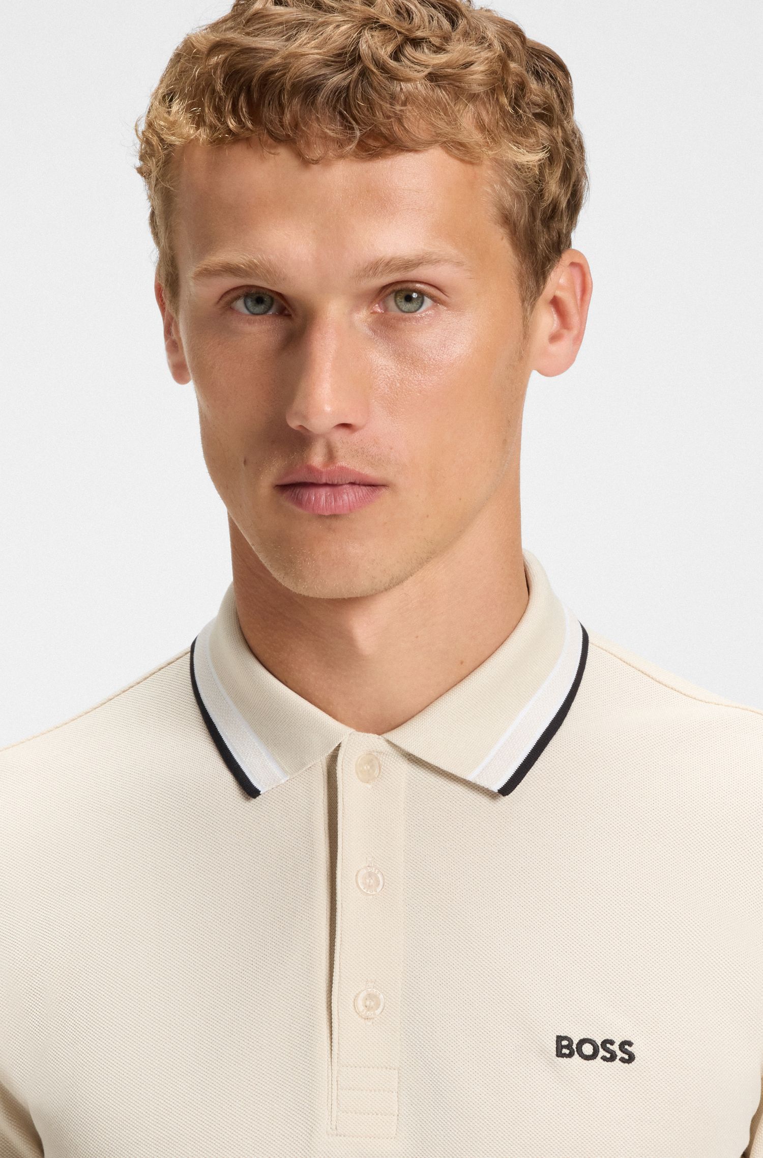 BOSS - Áo polo tay dài vải cotton piqué