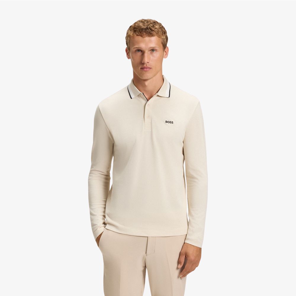 BOSS - Áo polo tay dài vải cotton piqué