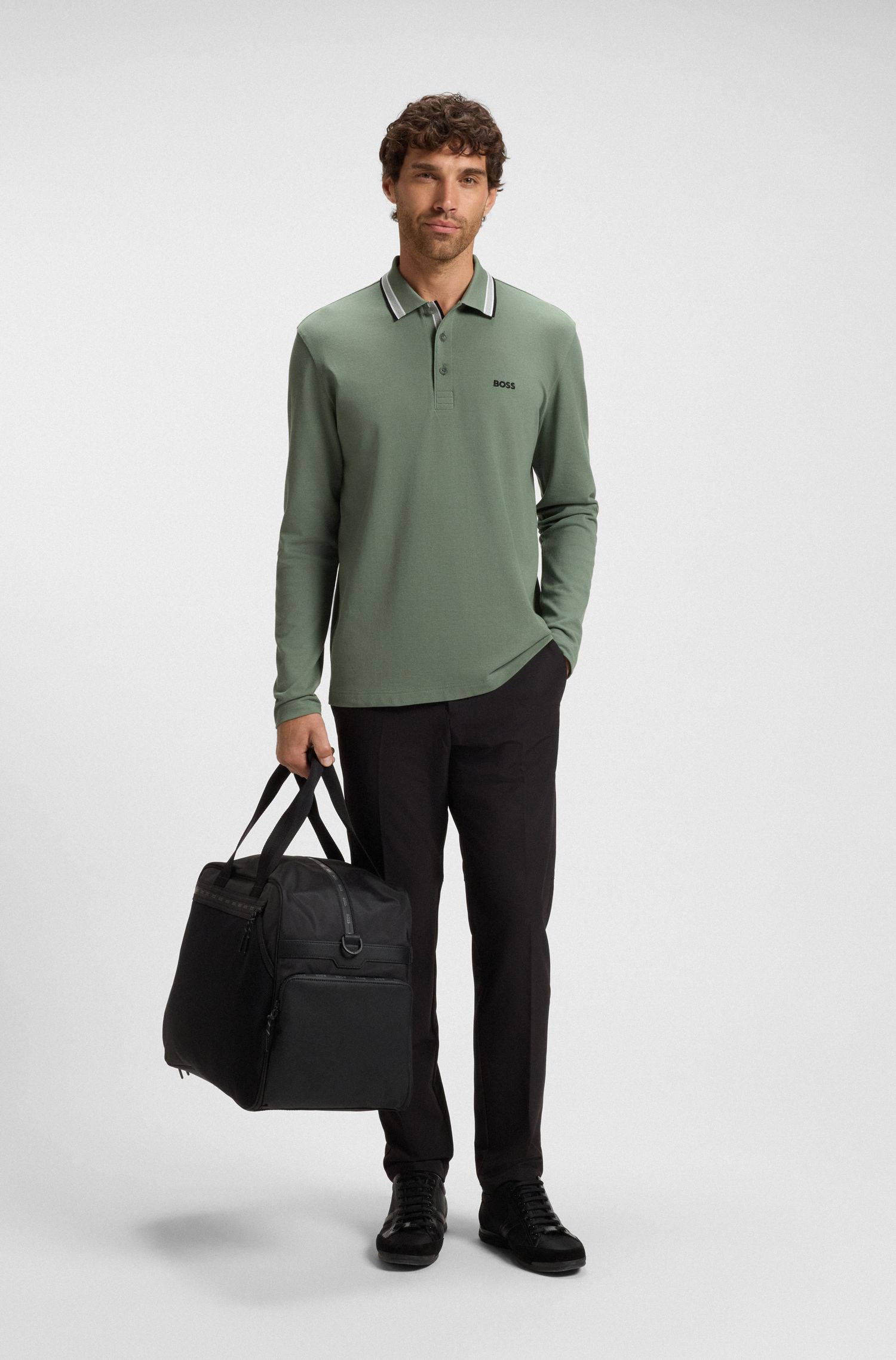 BOSS - Áo polo tay dài vải cotton piqué