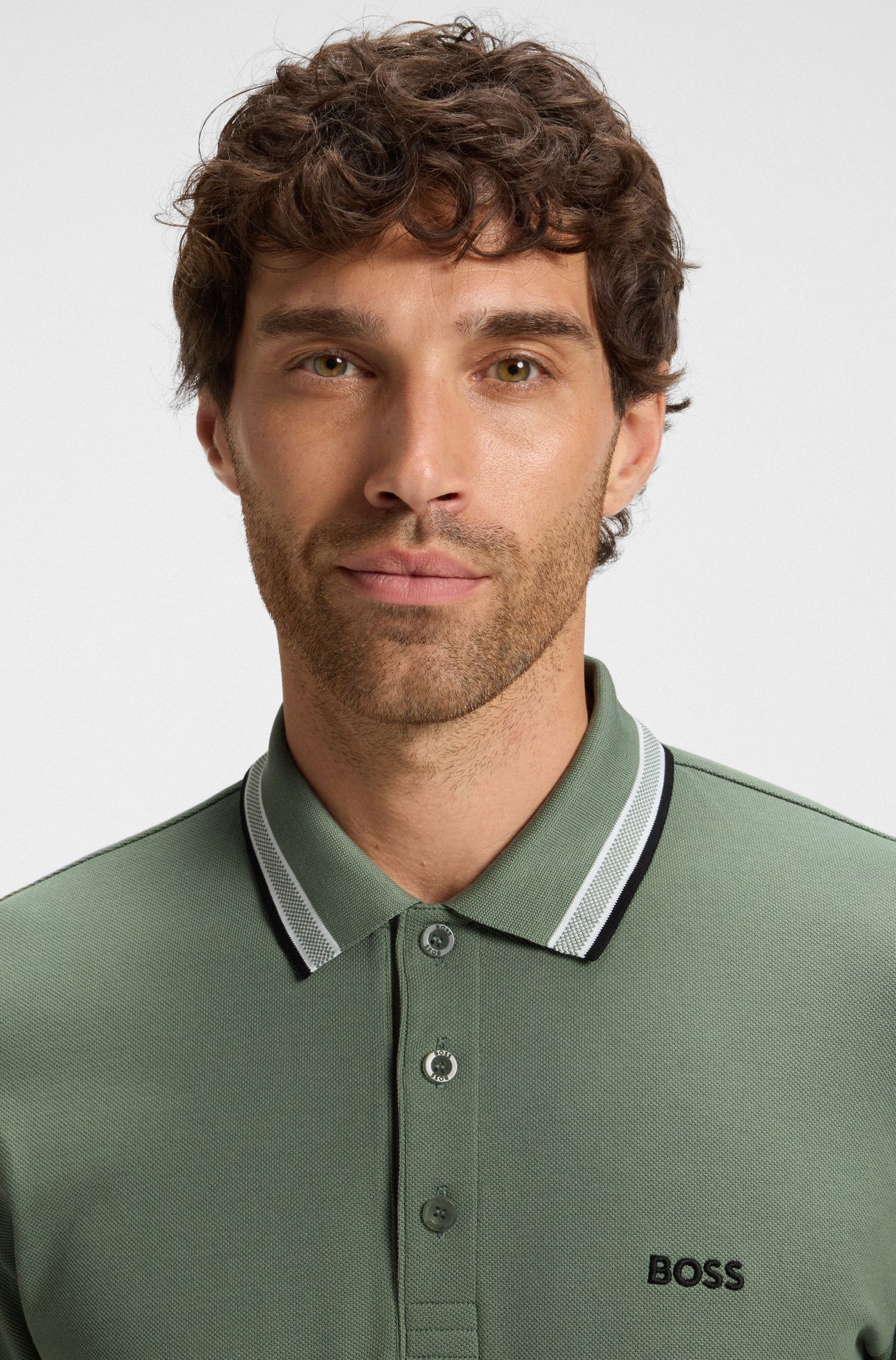 BOSS - Áo polo tay dài vải cotton piqué