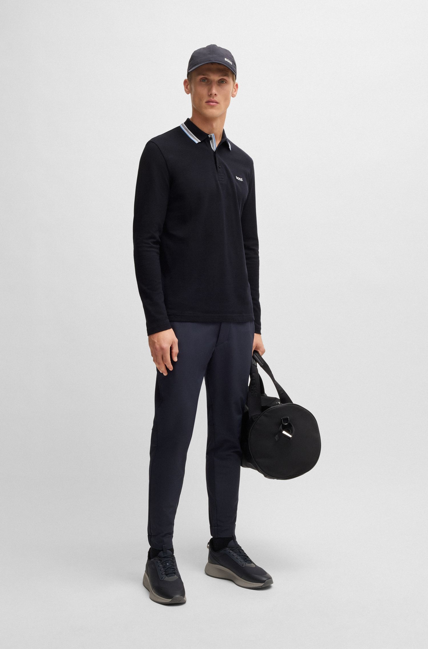 BOSS - Áo polo tay dài vải cotton piqué