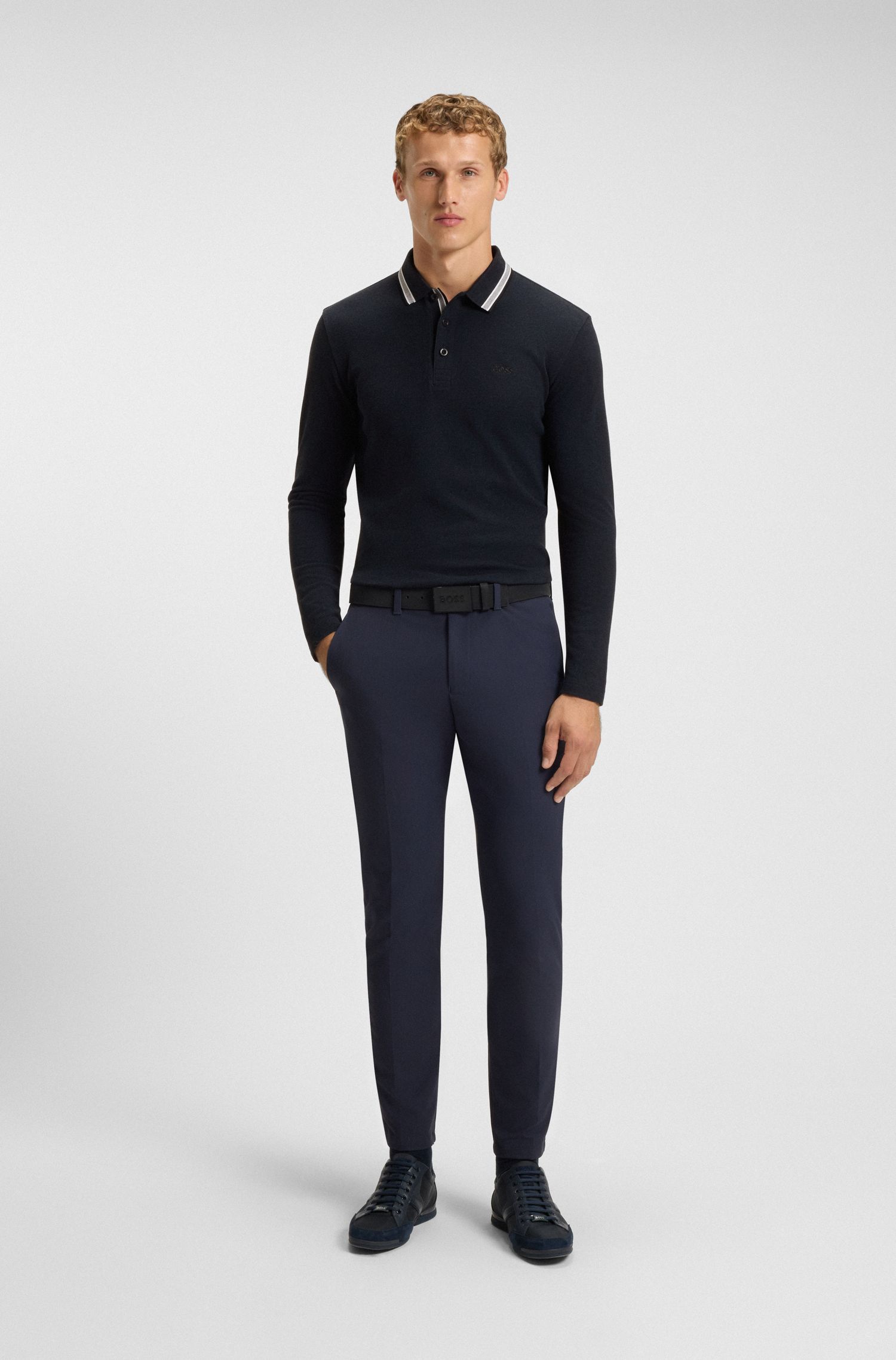 BOSS - Áo polo tay dài vải cotton piqué
