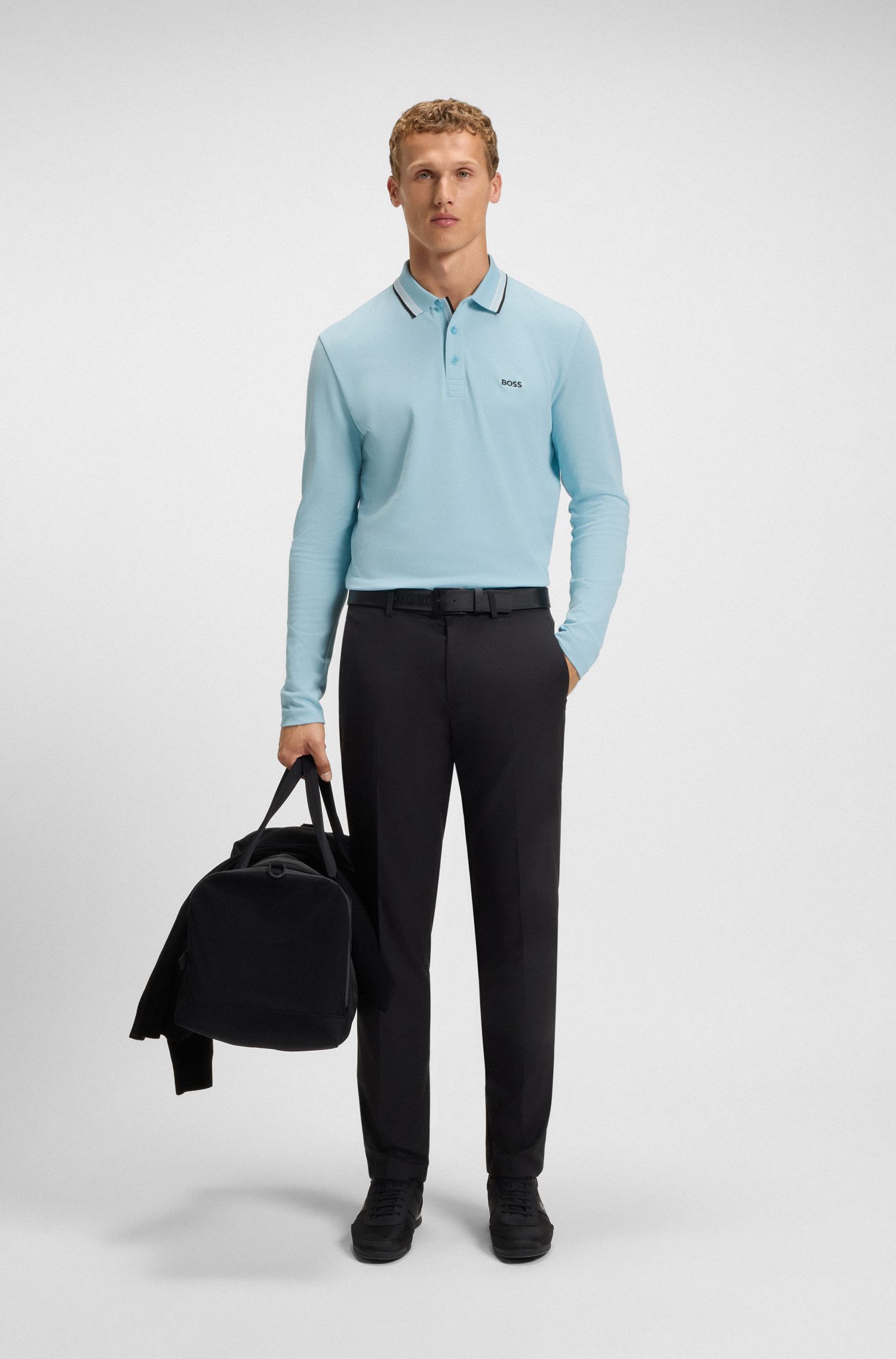 BOSS - Áo polo tay dài vải cotton piqué