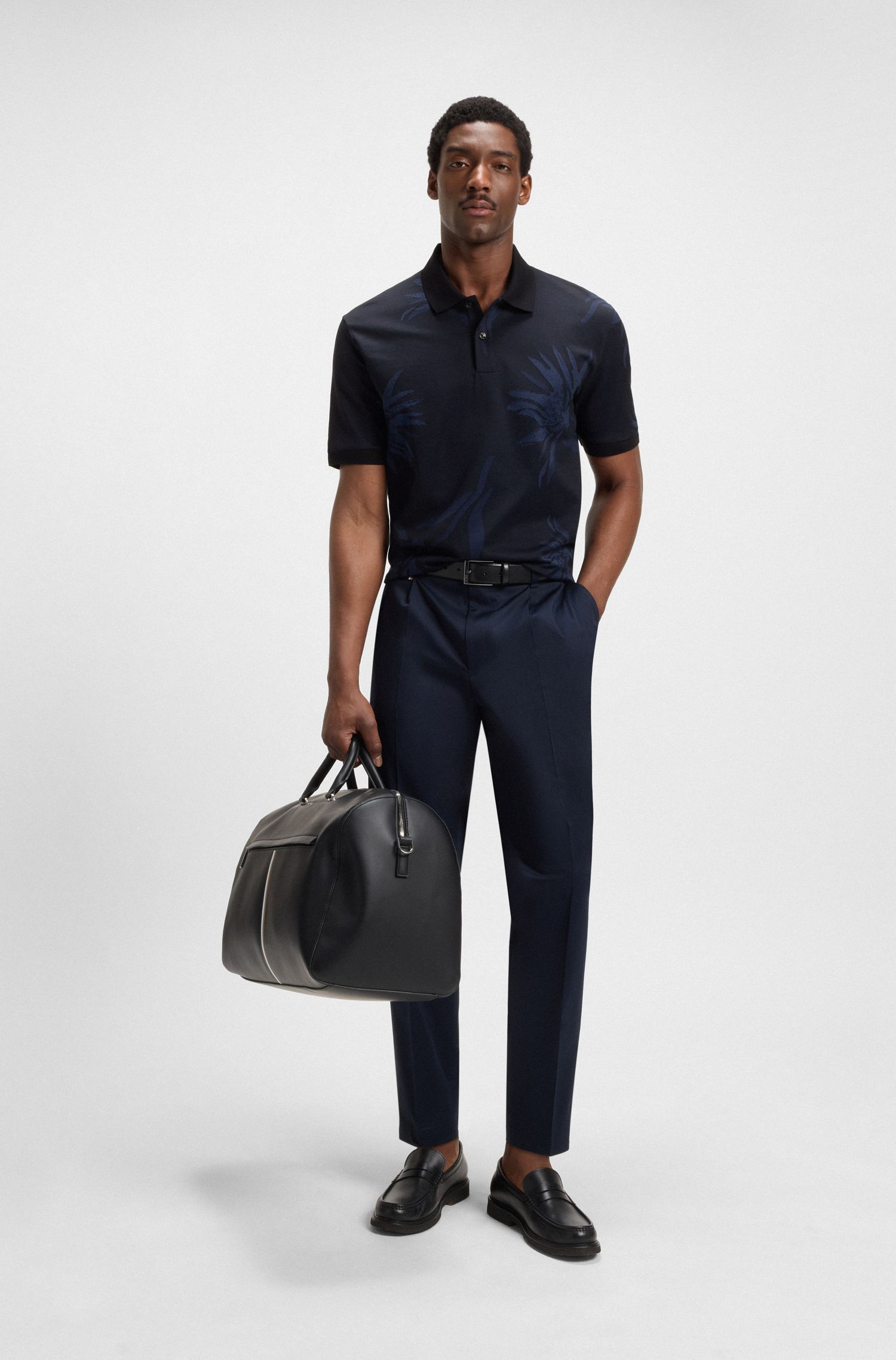 BOSS - Áo polo vải cotton mercerized họa tiết hoa jacquard
