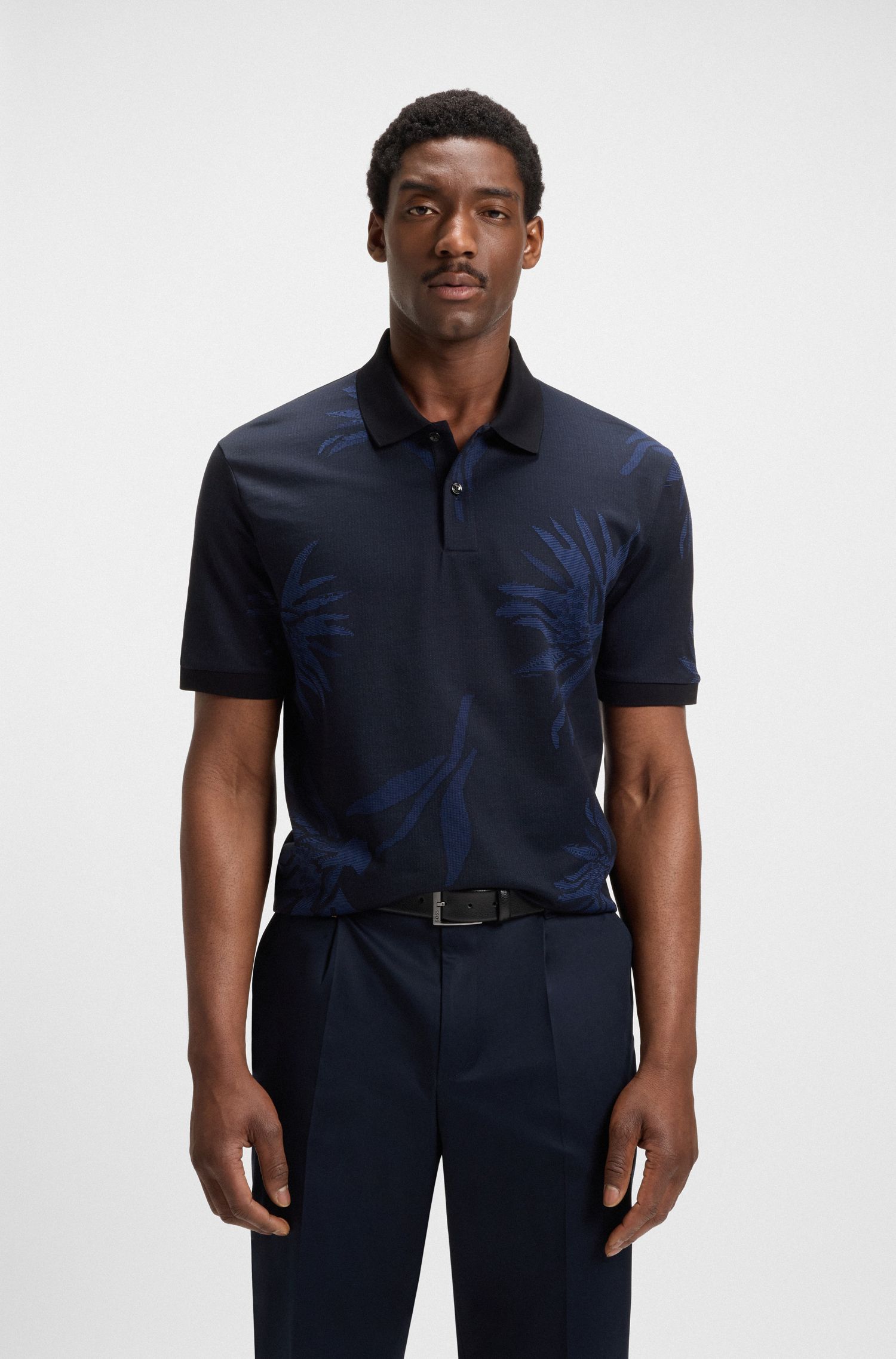 Áo polo vải cotton mercerized họa tiết hoa jacquard