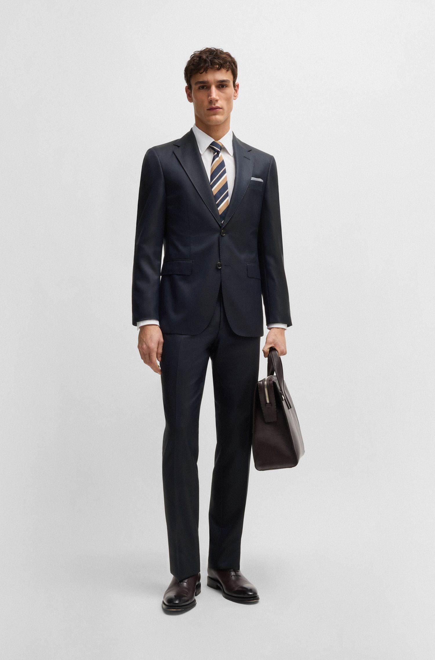 BOSS - Bộ vest dáng regular fit vải len virgin và lụa họa tiết