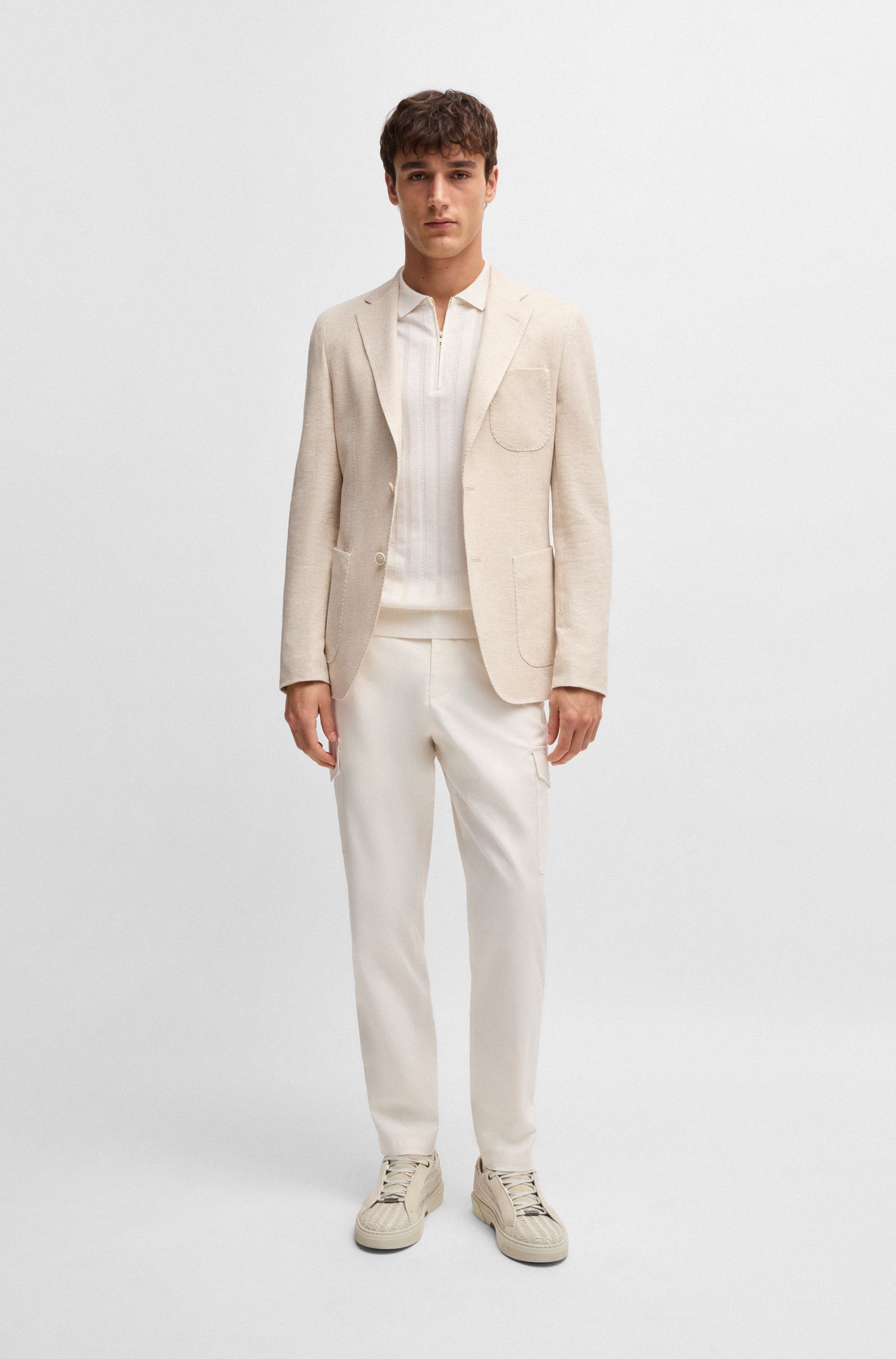 BOSS - Áo polo dệt kim cotton lụa với hoa văn đan cáp