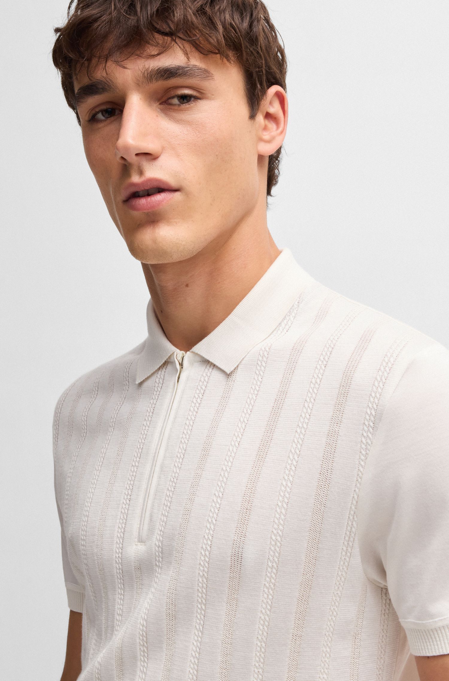 BOSS - Áo polo dệt kim cotton lụa với hoa văn đan cáp