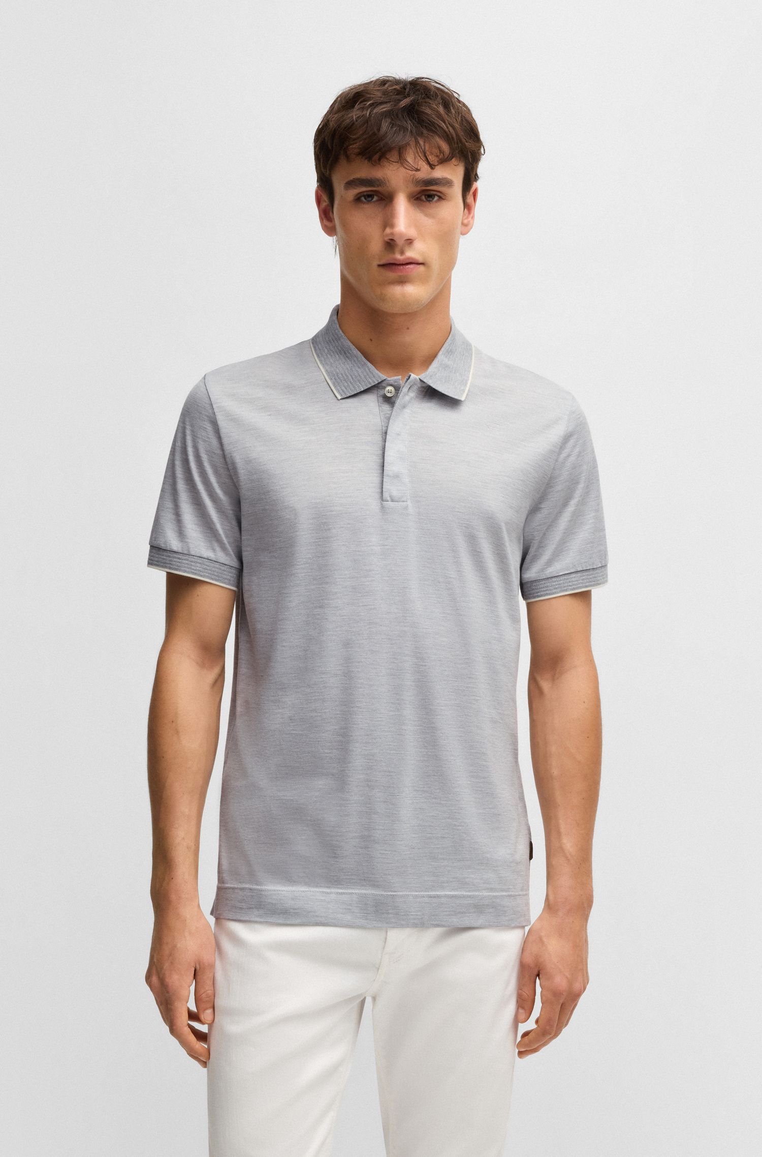 BOSS - Áo polo cotton-lụa với viền cấu trúc