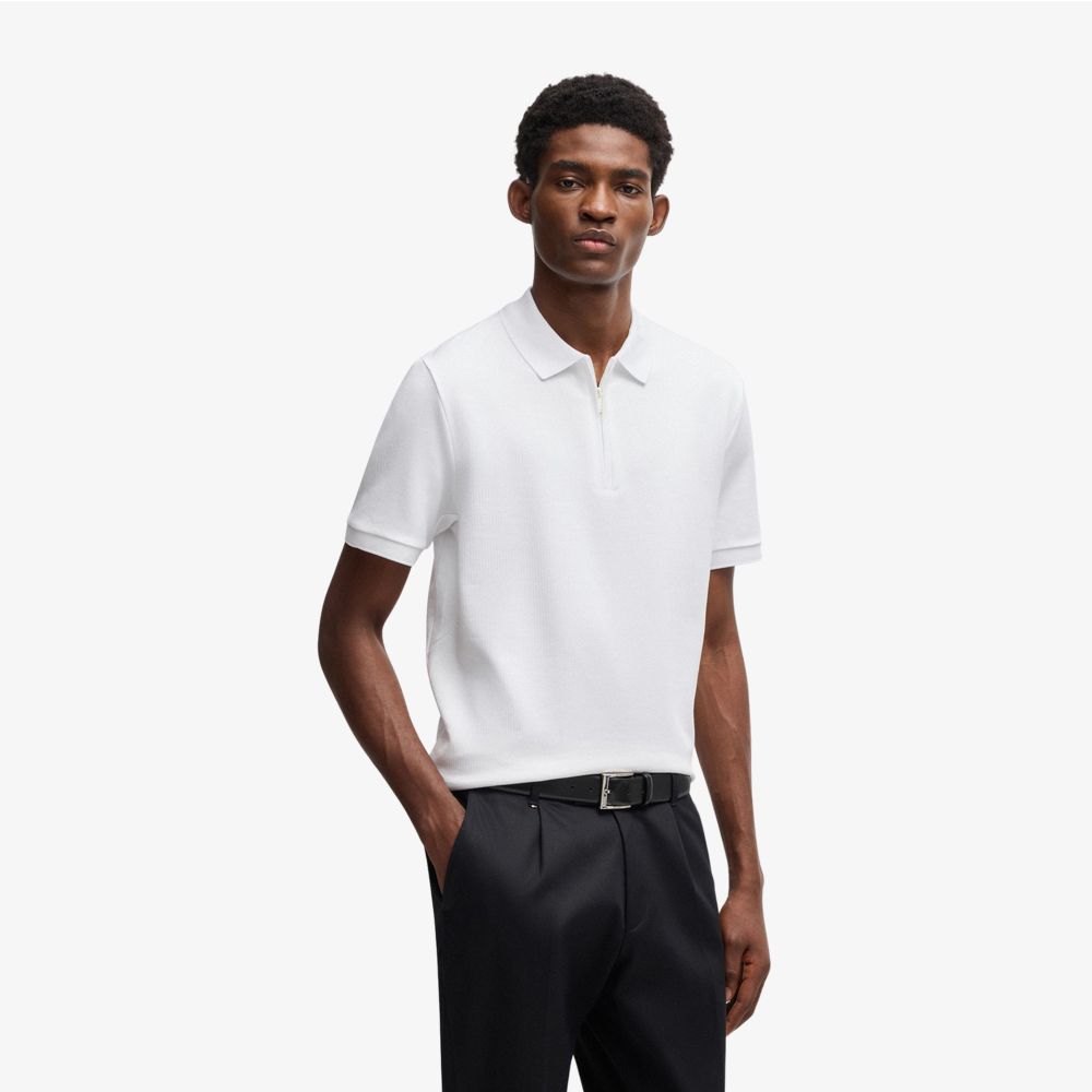 BOSS - Áo polo pha cotton cấu trúc seersucker