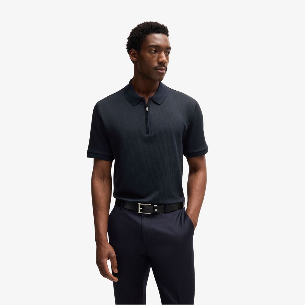 BOSS - Áo polo pha cotton cấu trúc seersucker