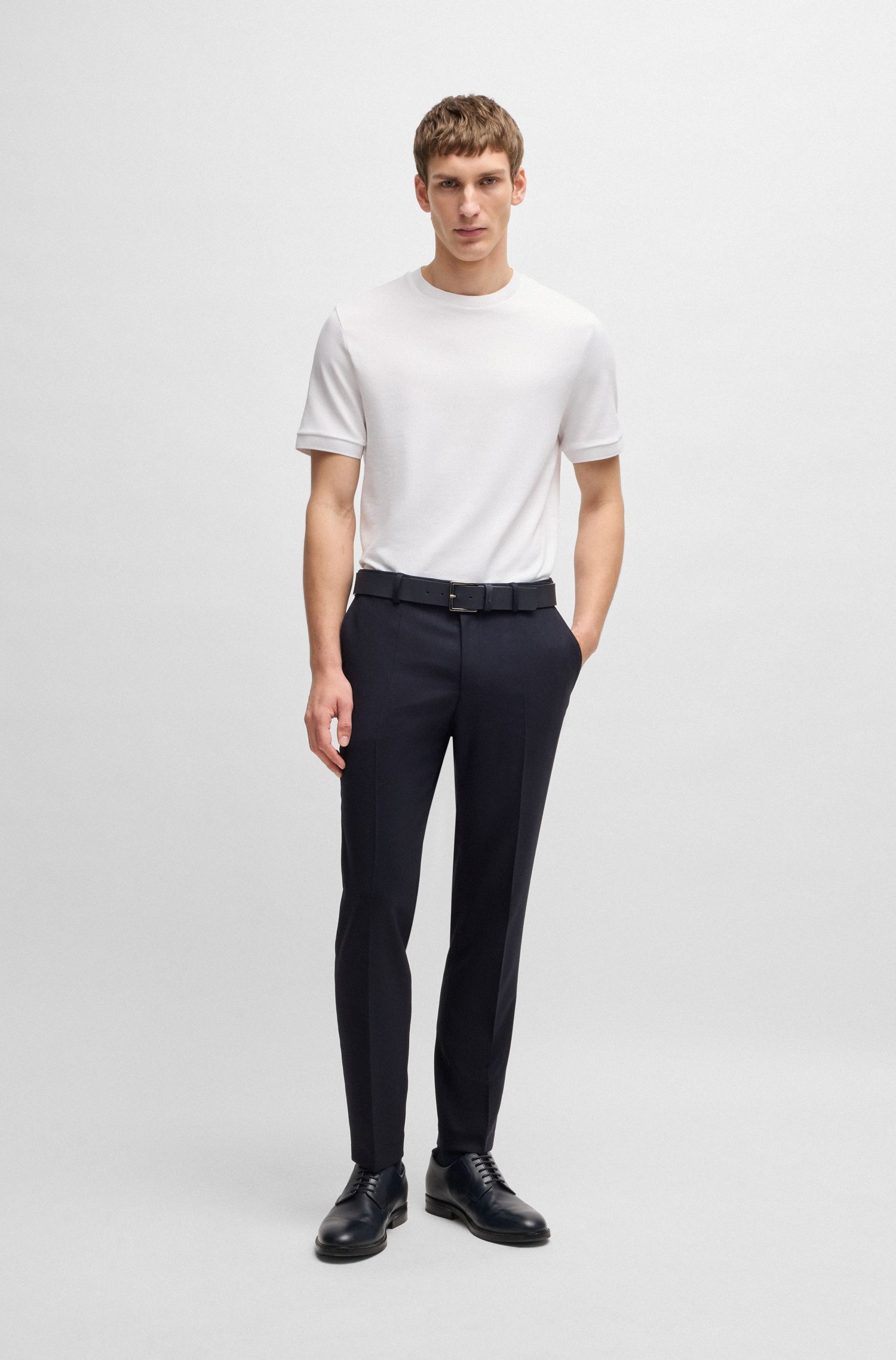 BOSS - Áo thun dáng regular fit vải cotton pha seersucker