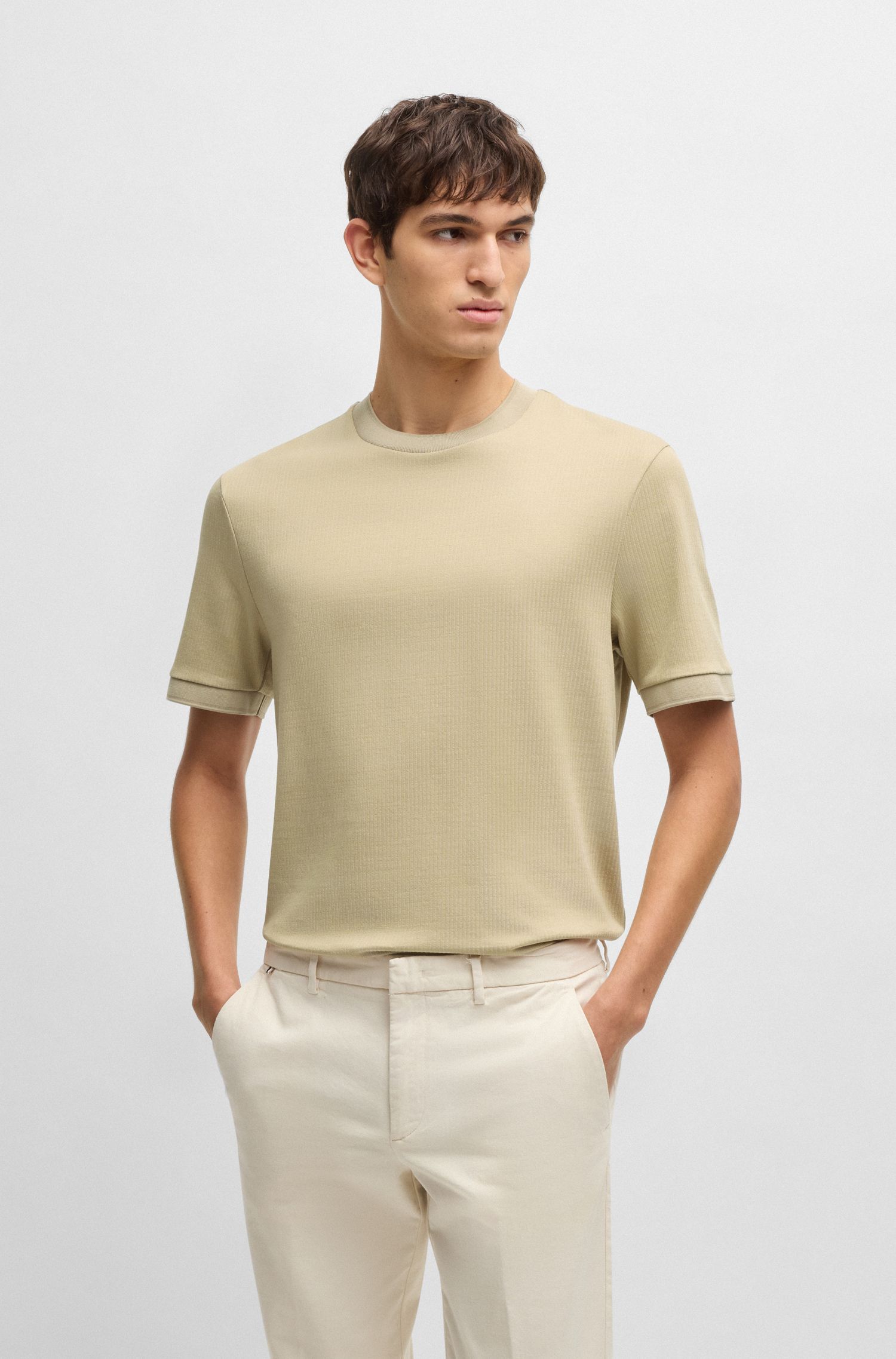 BOSS - Áo thun dáng regular fit vải cotton pha seersucker