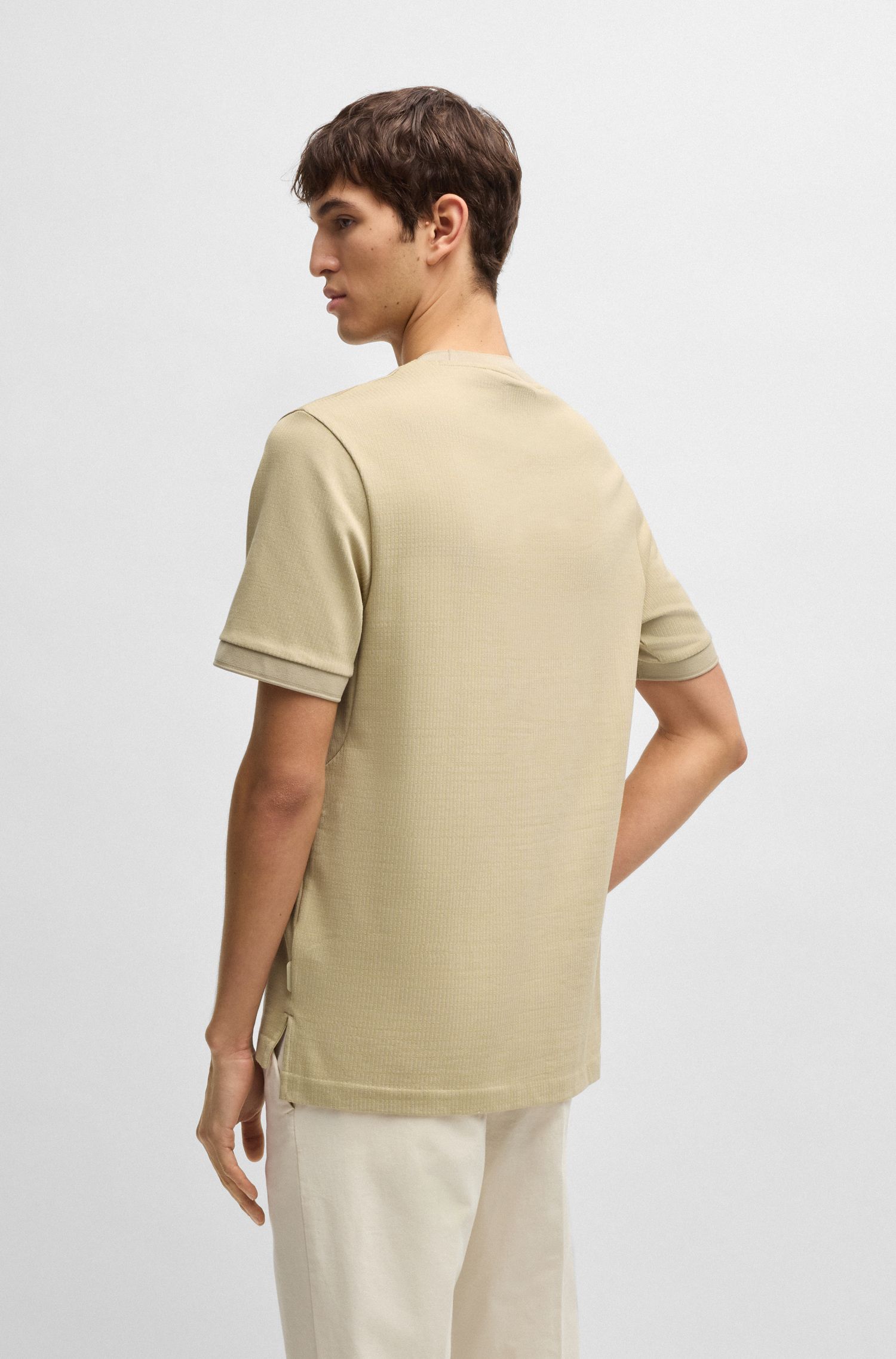 BOSS - Áo thun dáng regular fit vải cotton pha seersucker
