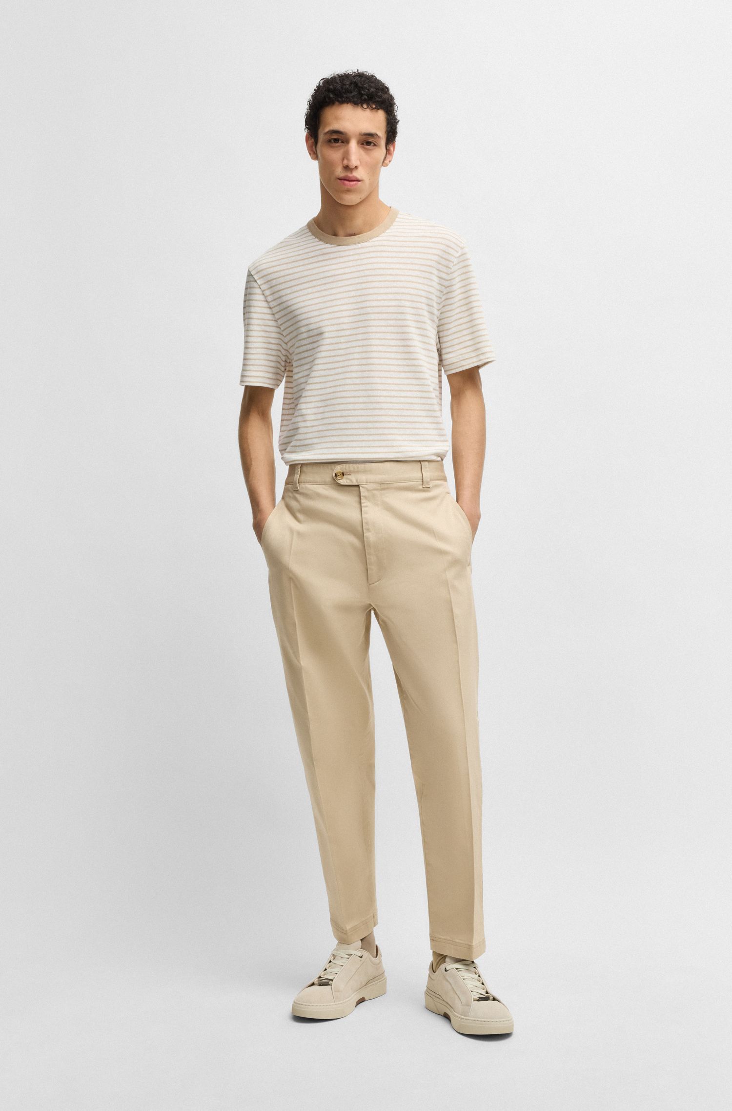 BOSS - Áo thun dáng regular fit vải cotton pha linen