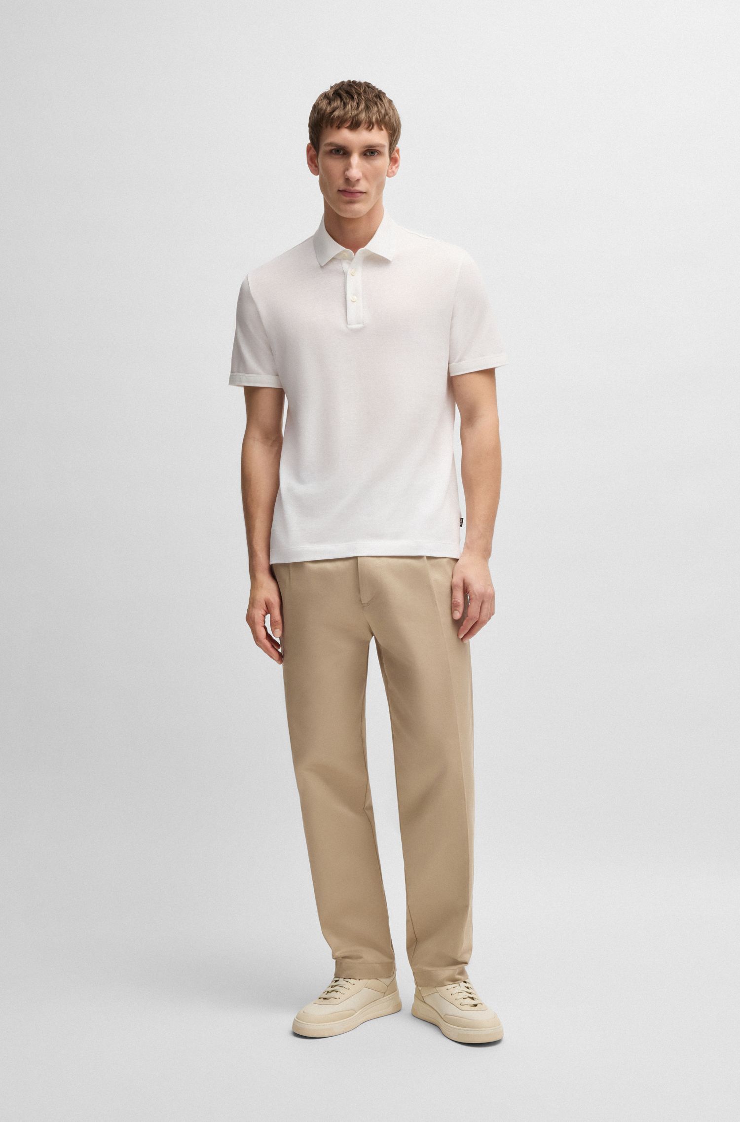 BOSS - Áo polo len dệt từ cotton và linen