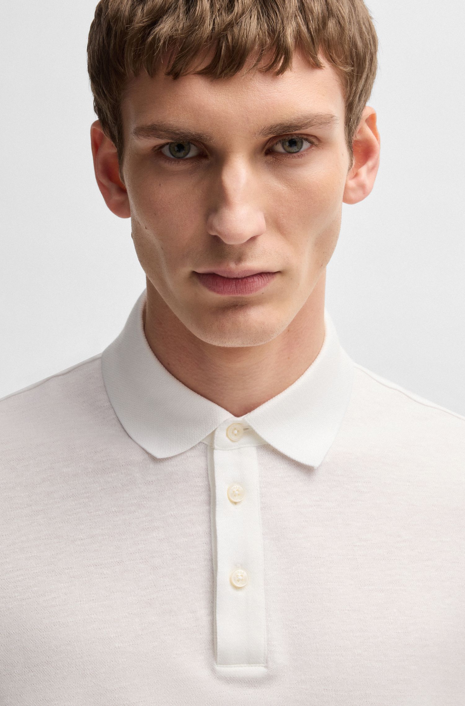 BOSS - Áo polo len dệt từ cotton và linen