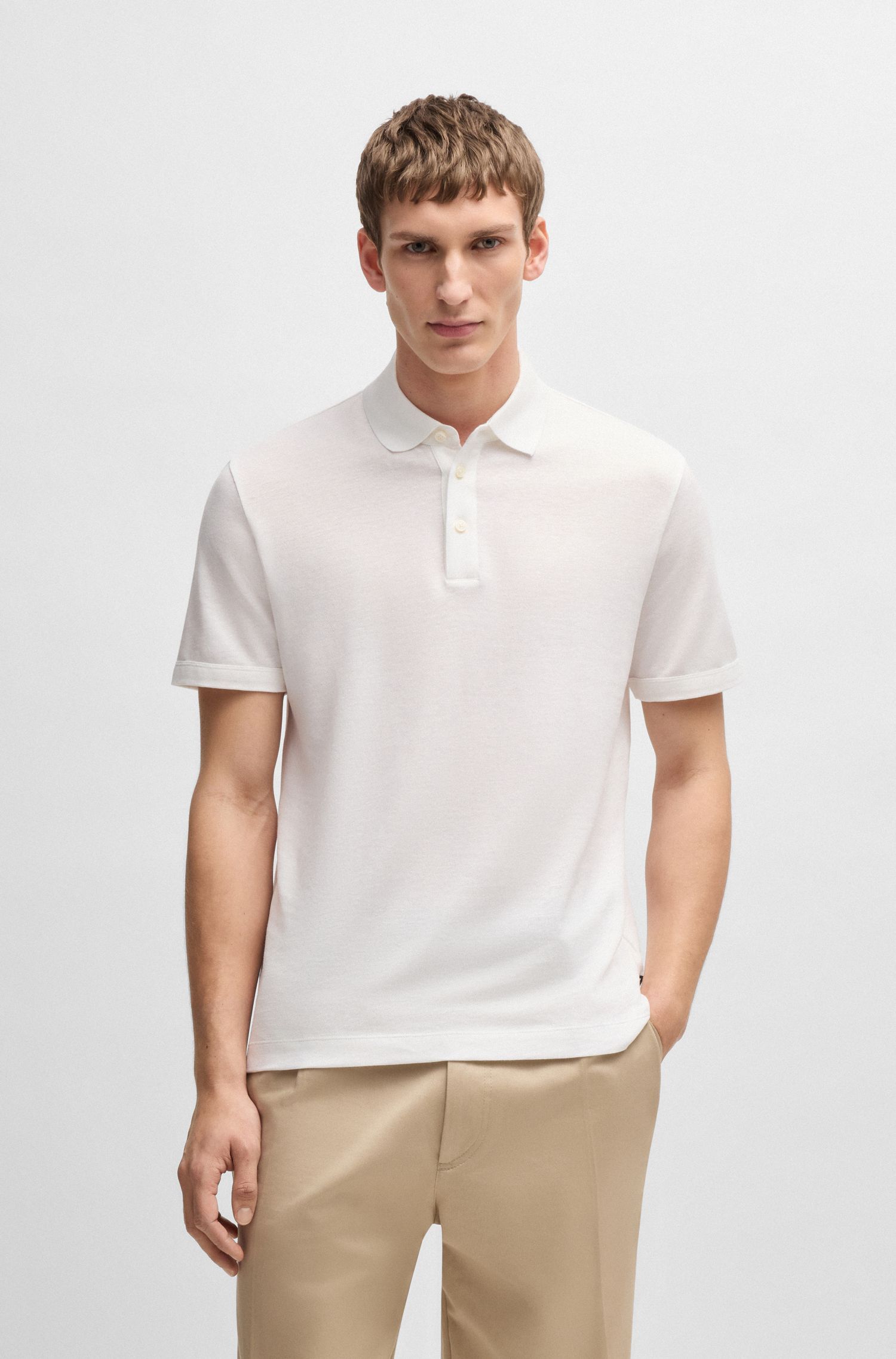 BOSS - Áo polo len dệt từ cotton và linen