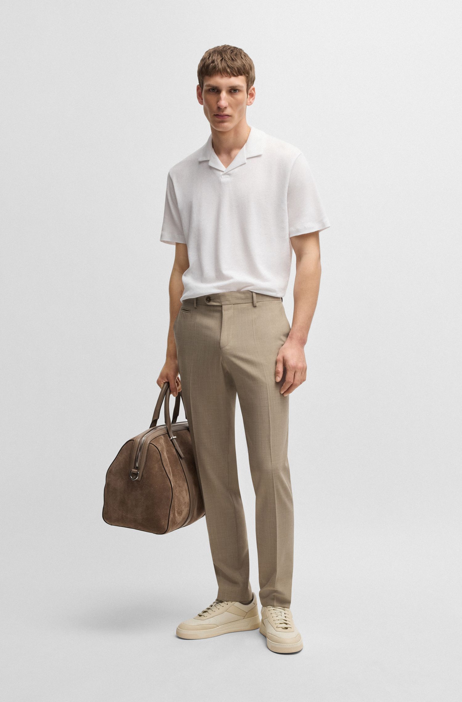 BOSS - Áo polo cotton-linen cổ Johnny