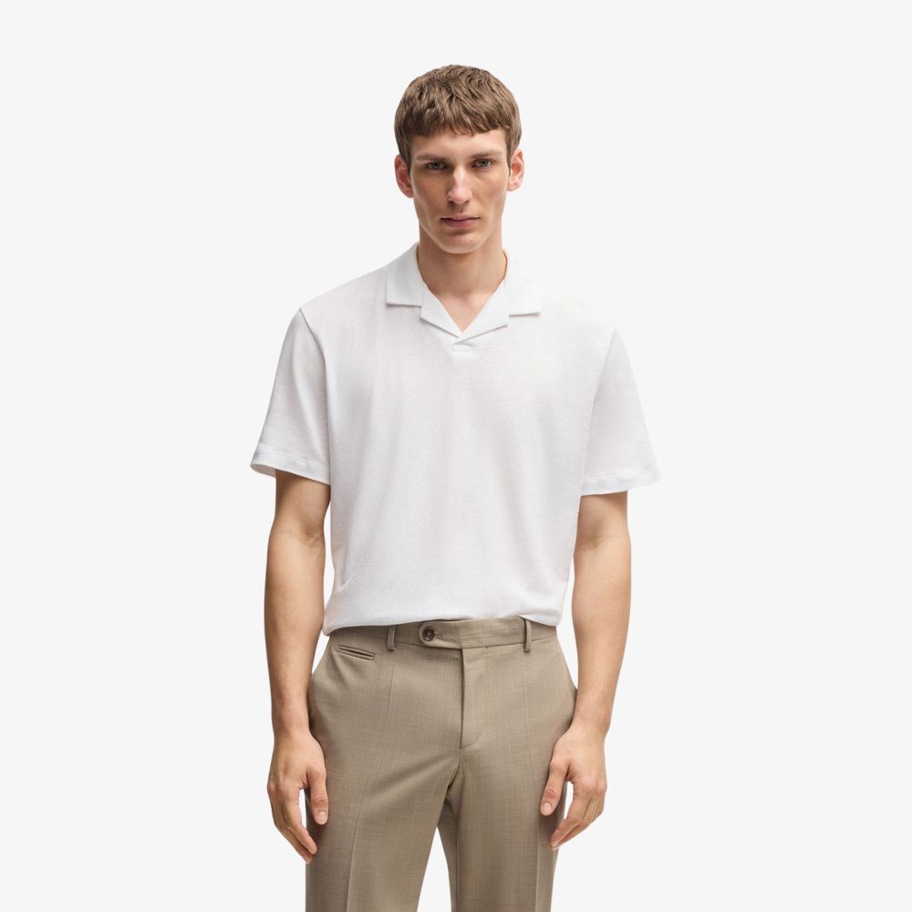 BOSS - Áo polo cotton-linen cổ Johnny