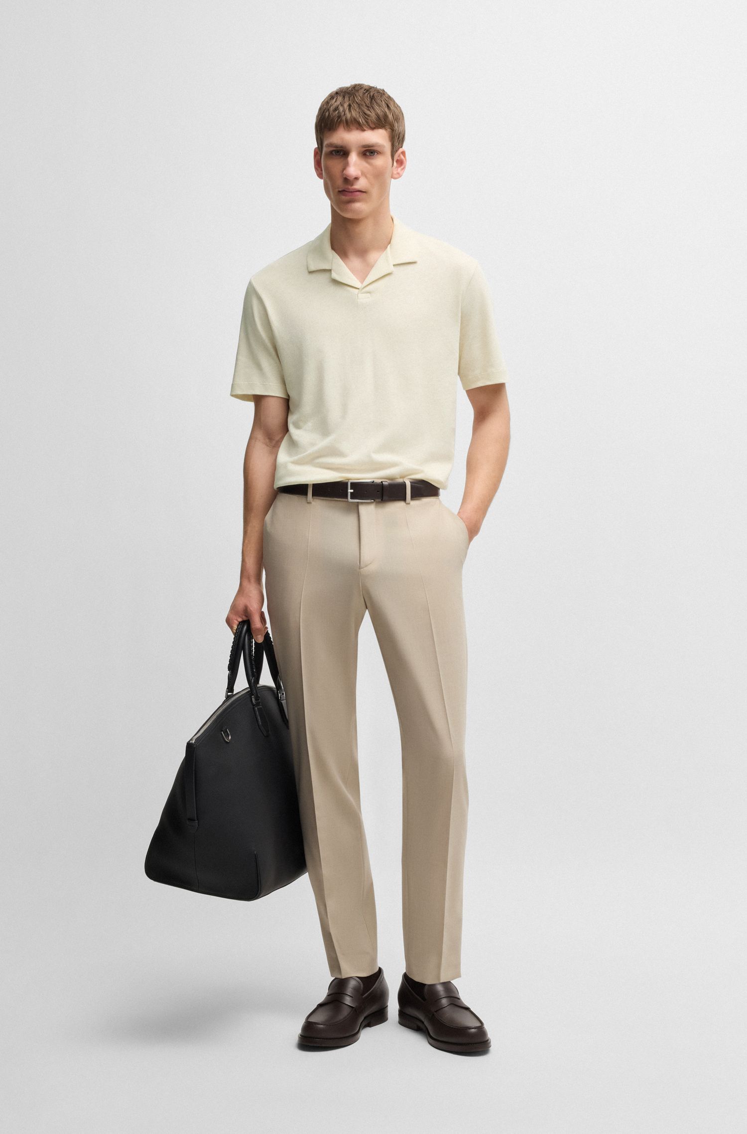BOSS - Áo polo cotton-linen cổ Johnny