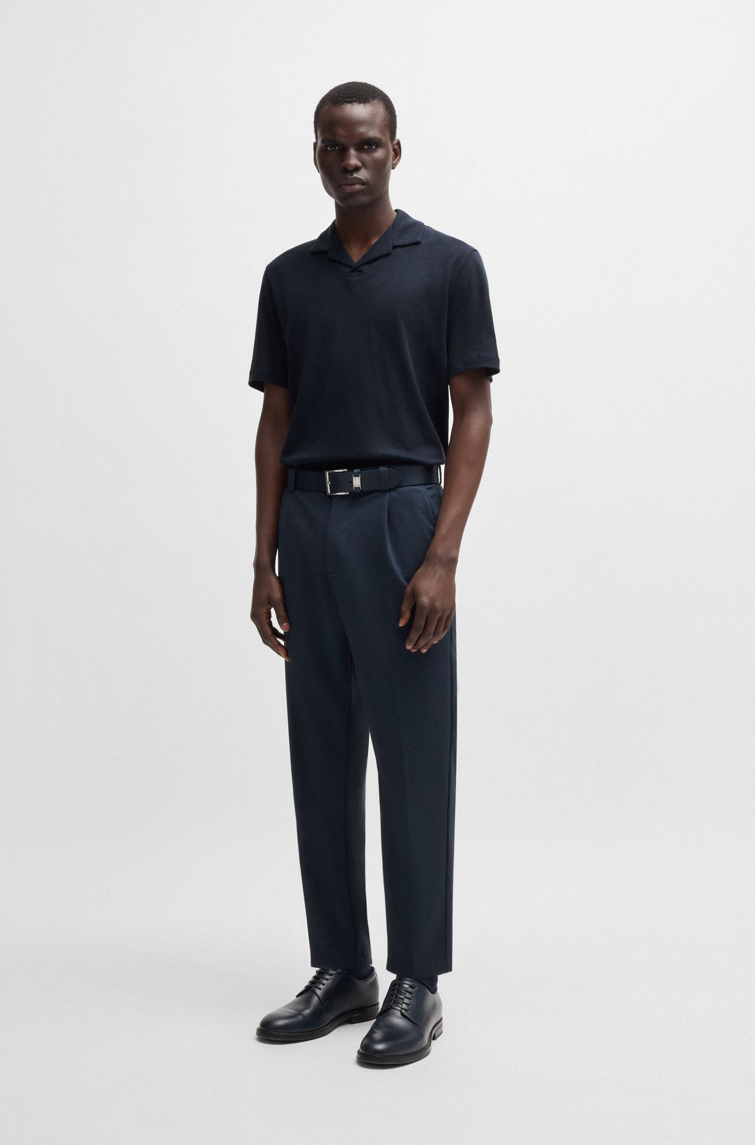 BOSS - Áo polo cotton-linen cổ Johnny