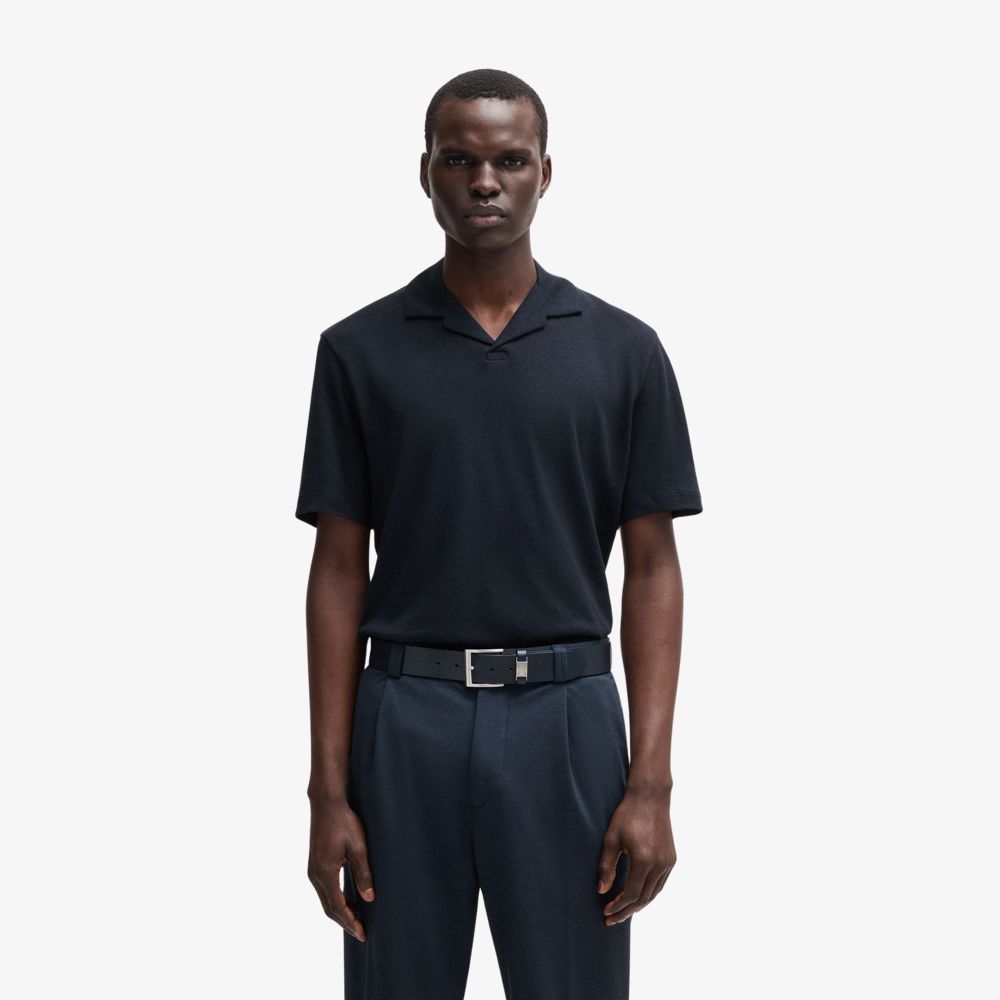 BOSS - Áo polo cotton-linen cổ Johnny