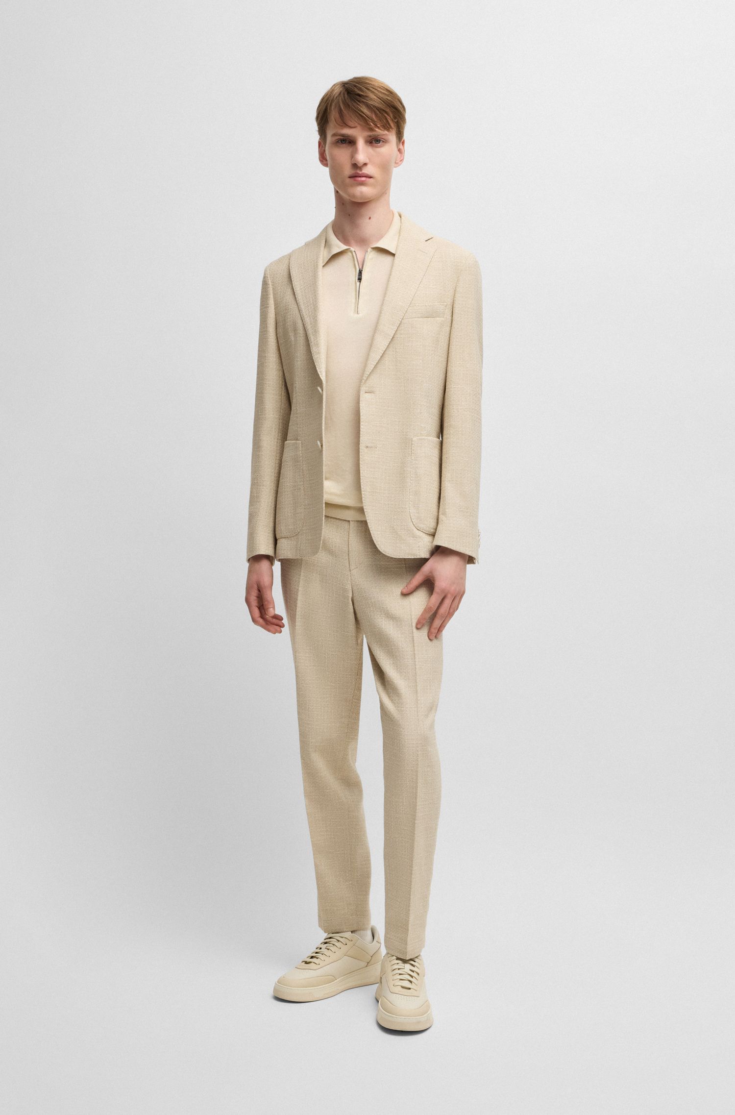BOSS - Áo len knit vải pha linen với khoá zip