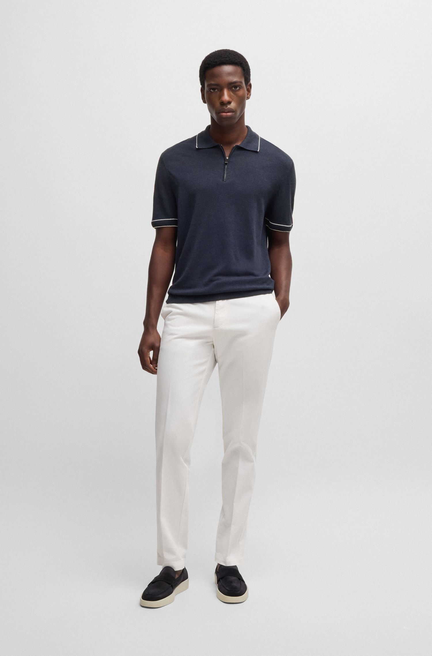 BOSS - Áo len knit vải pha linen với khoá zip