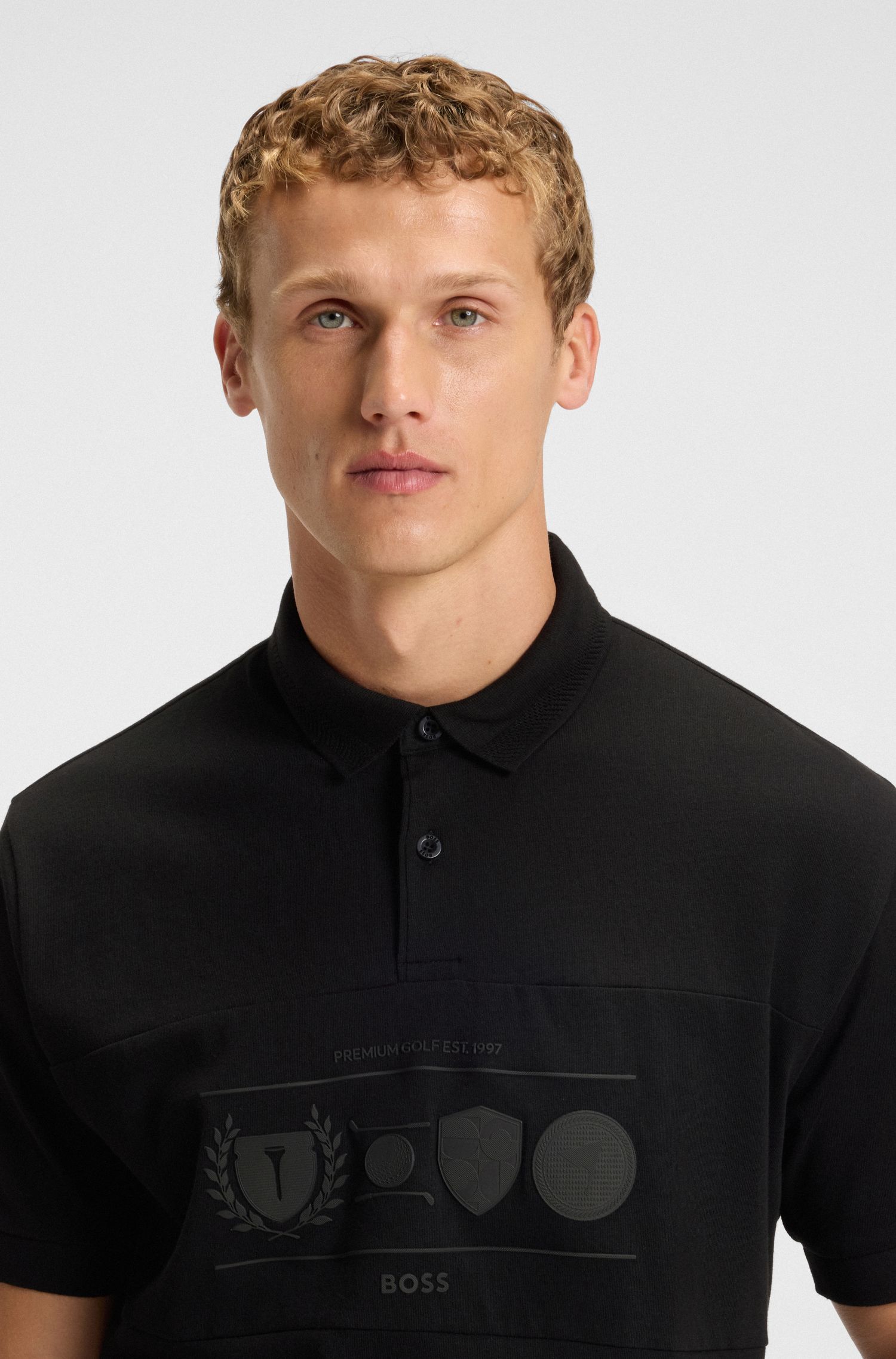 BOSS - Áo polo cotton dáng relaxed fit với họa tiết golf