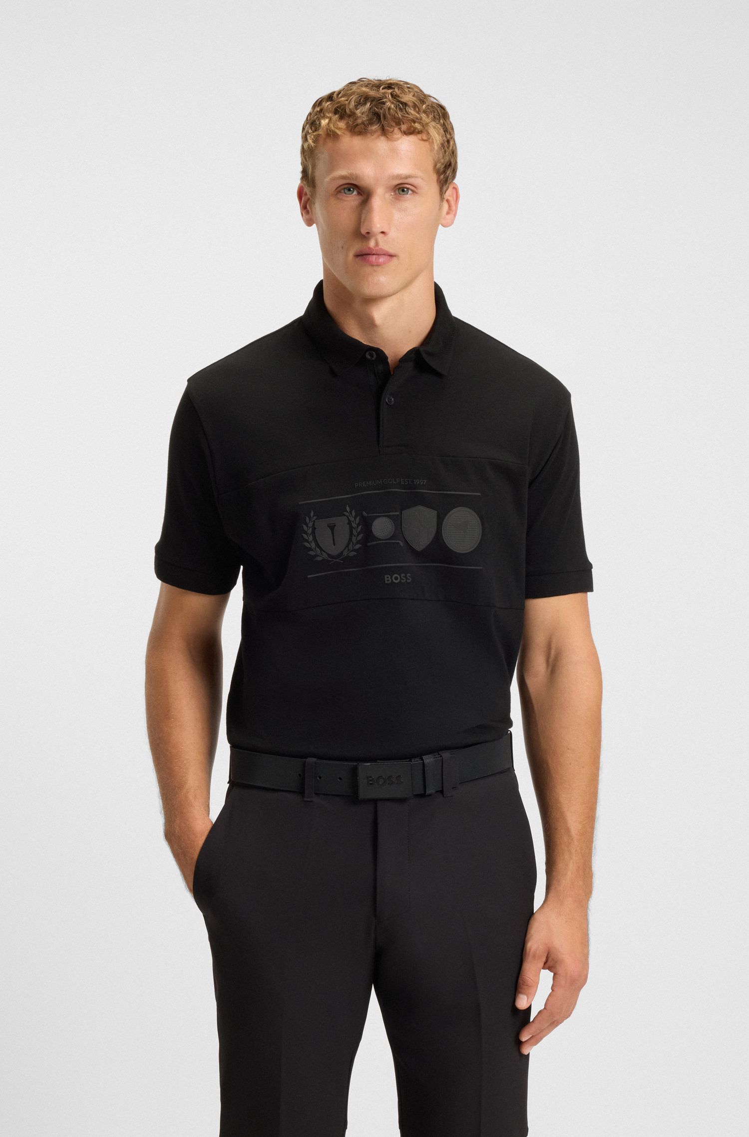 BOSS - Áo polo cotton dáng relaxed fit với họa tiết golf
