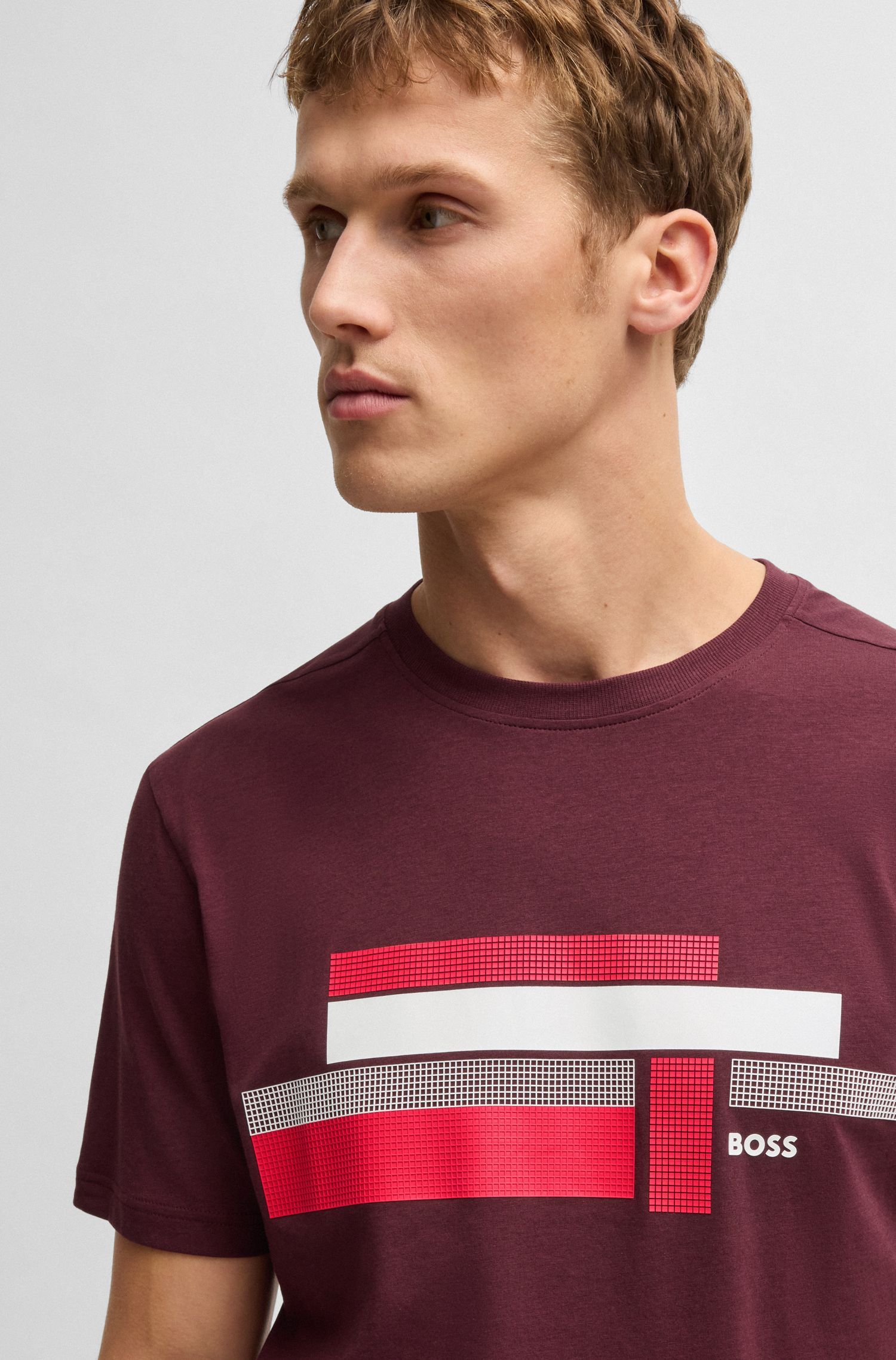 BOSS - Áo thun dáng relaxed fit chất liệu co giãn in họa tiết logo