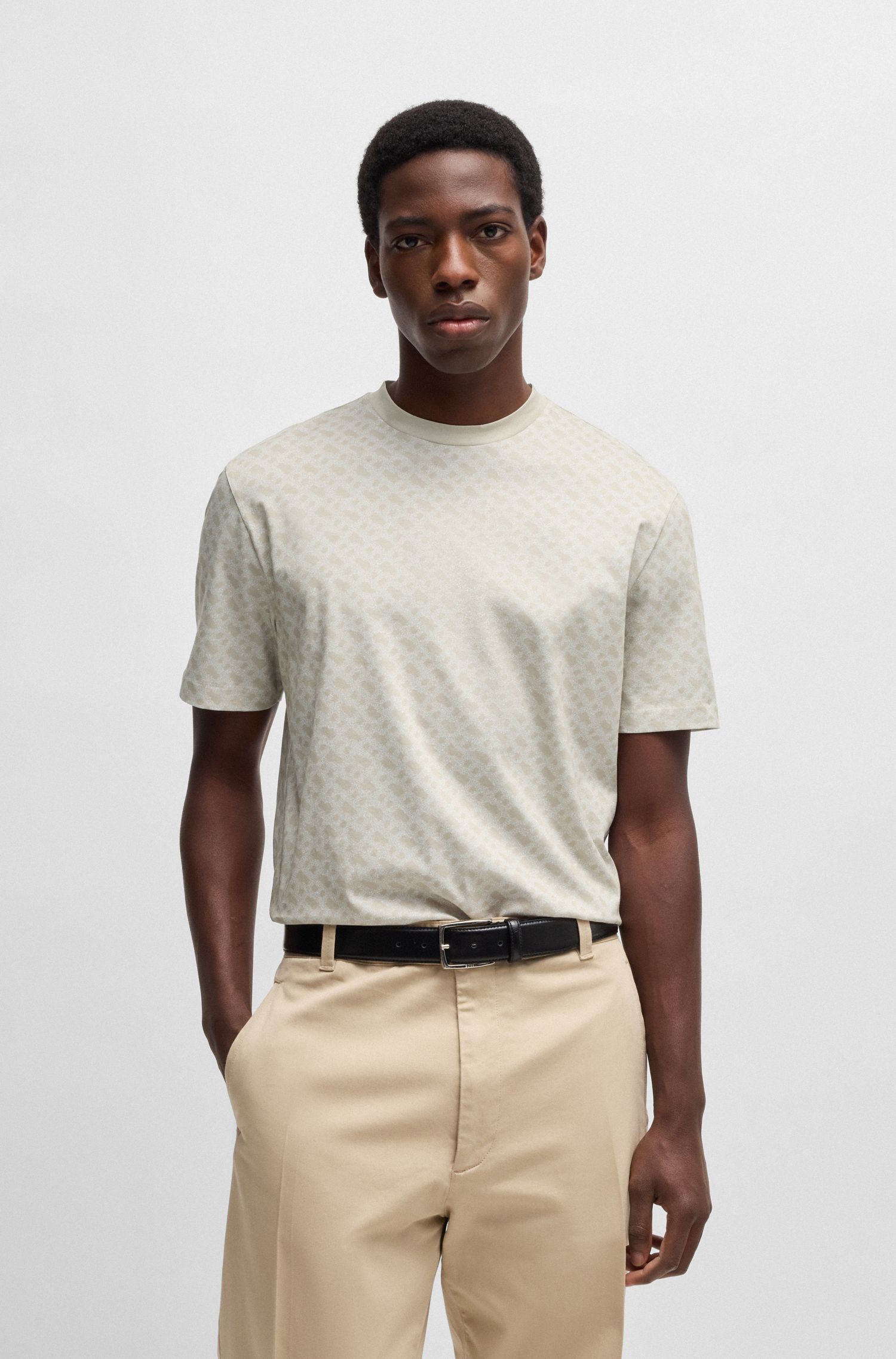 BOSS - Áo thun vải cotton in họa tiết monogram toàn bộ