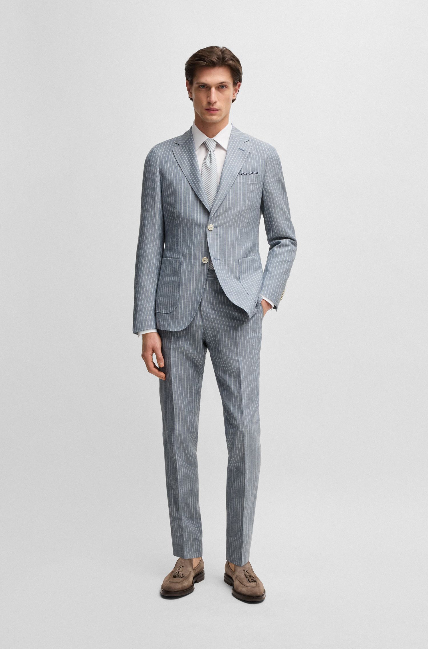 BOSS - Áo blazer dáng slim fit chất liệu virgin wool và linen phối sọc