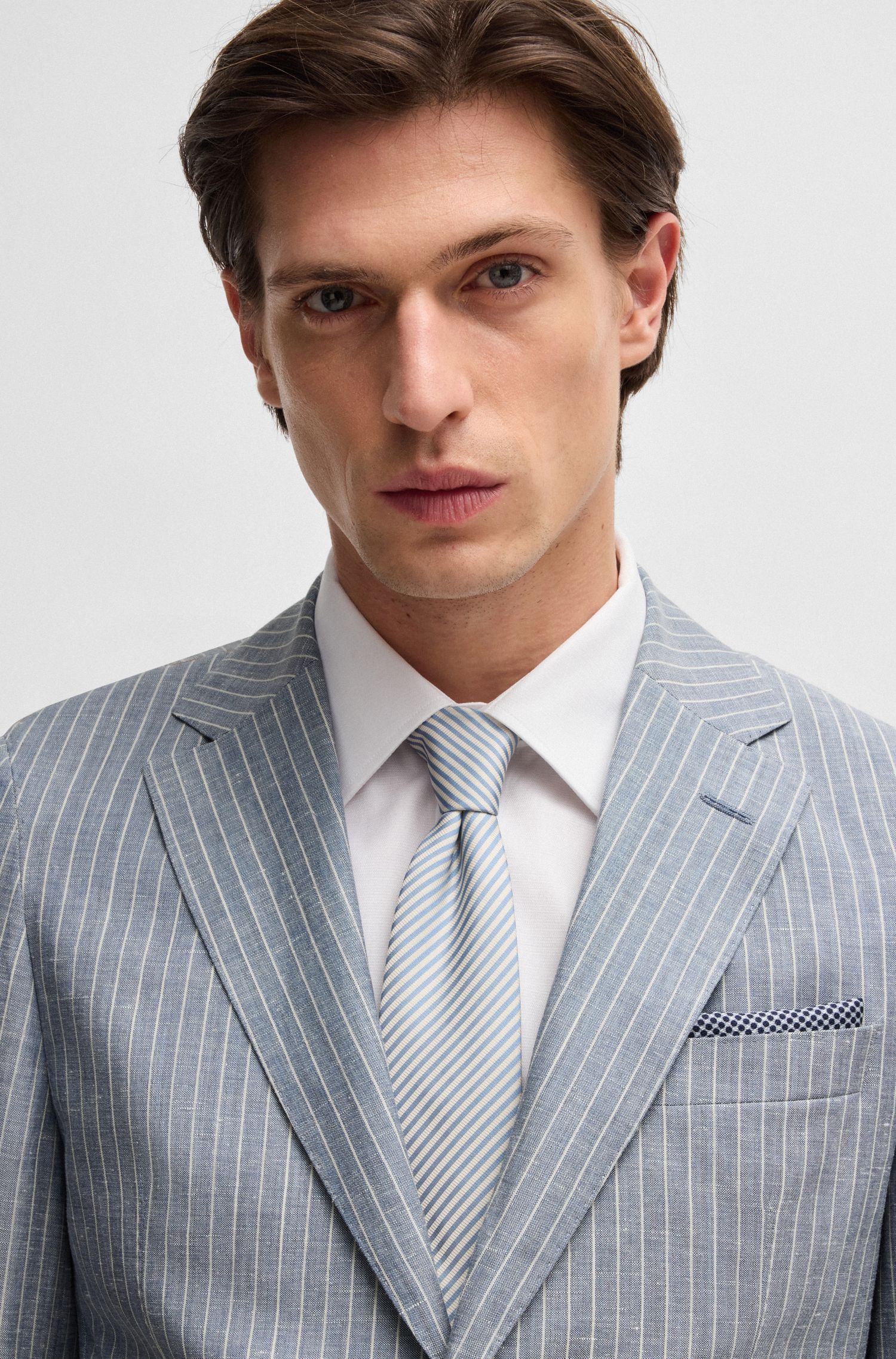 BOSS - Áo blazer dáng slim fit chất liệu virgin wool và linen phối sọc