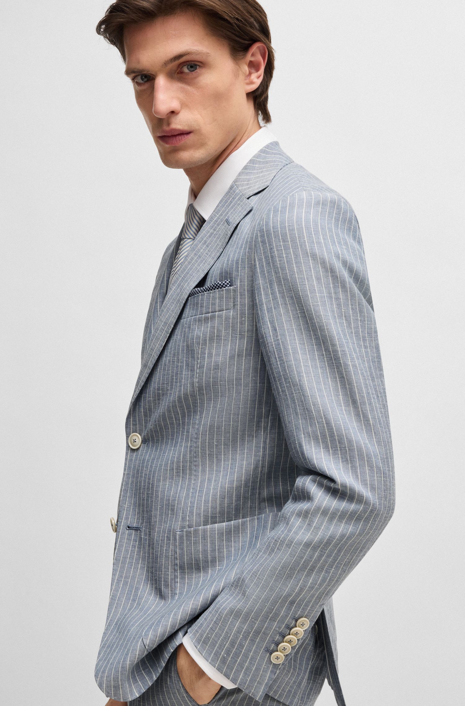BOSS - Áo blazer dáng slim fit chất liệu virgin wool và linen phối sọc