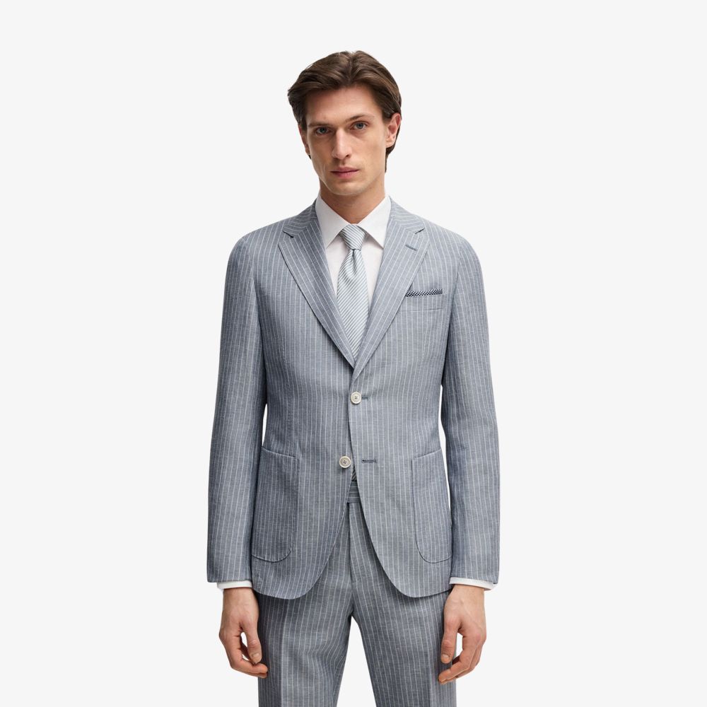 BOSS - Áo blazer dáng slim fit chất liệu virgin wool và linen phối sọc