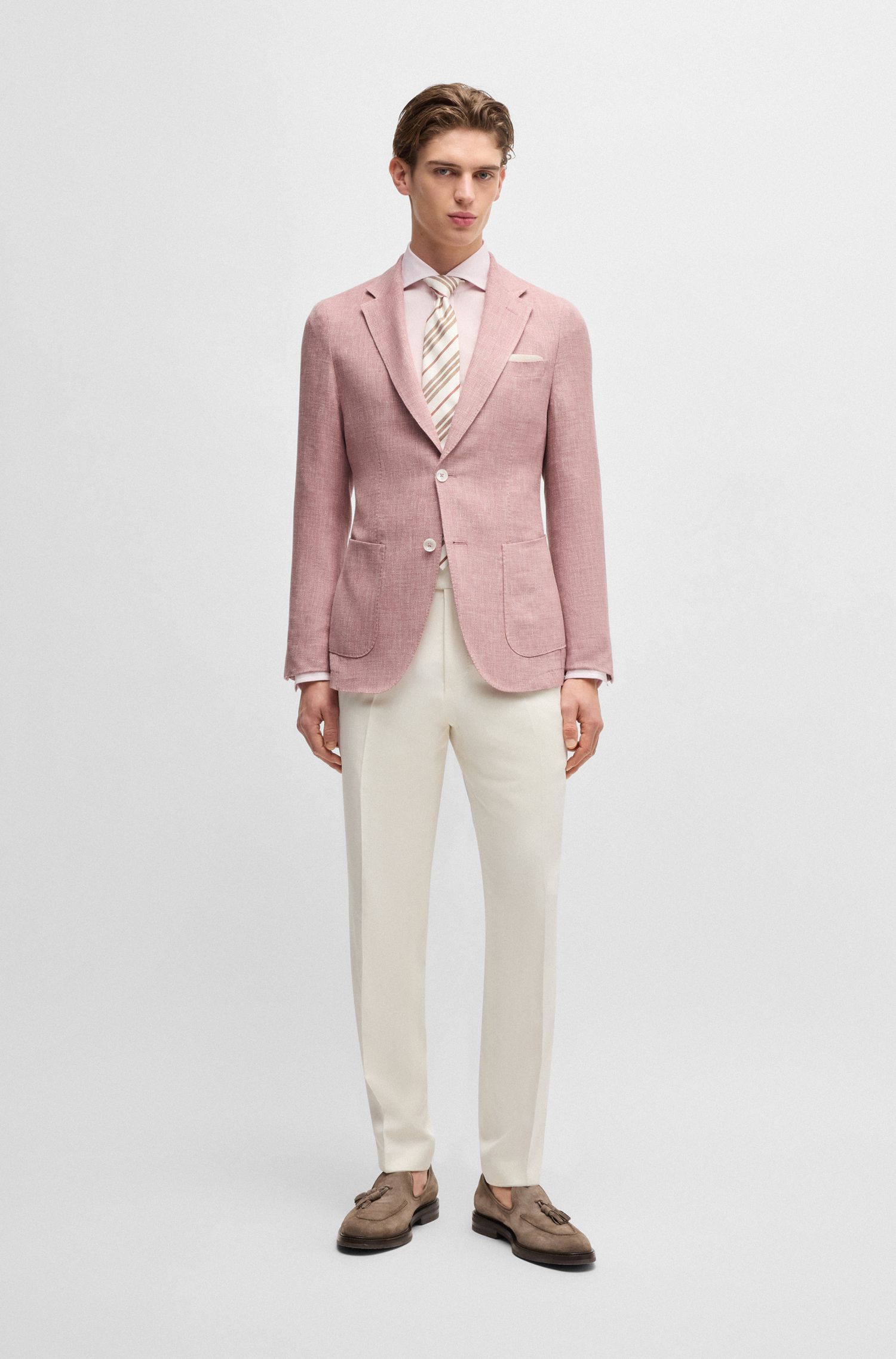 BOSS - Áo blazer dáng slim-fit co giãn vải linen, len và lụa