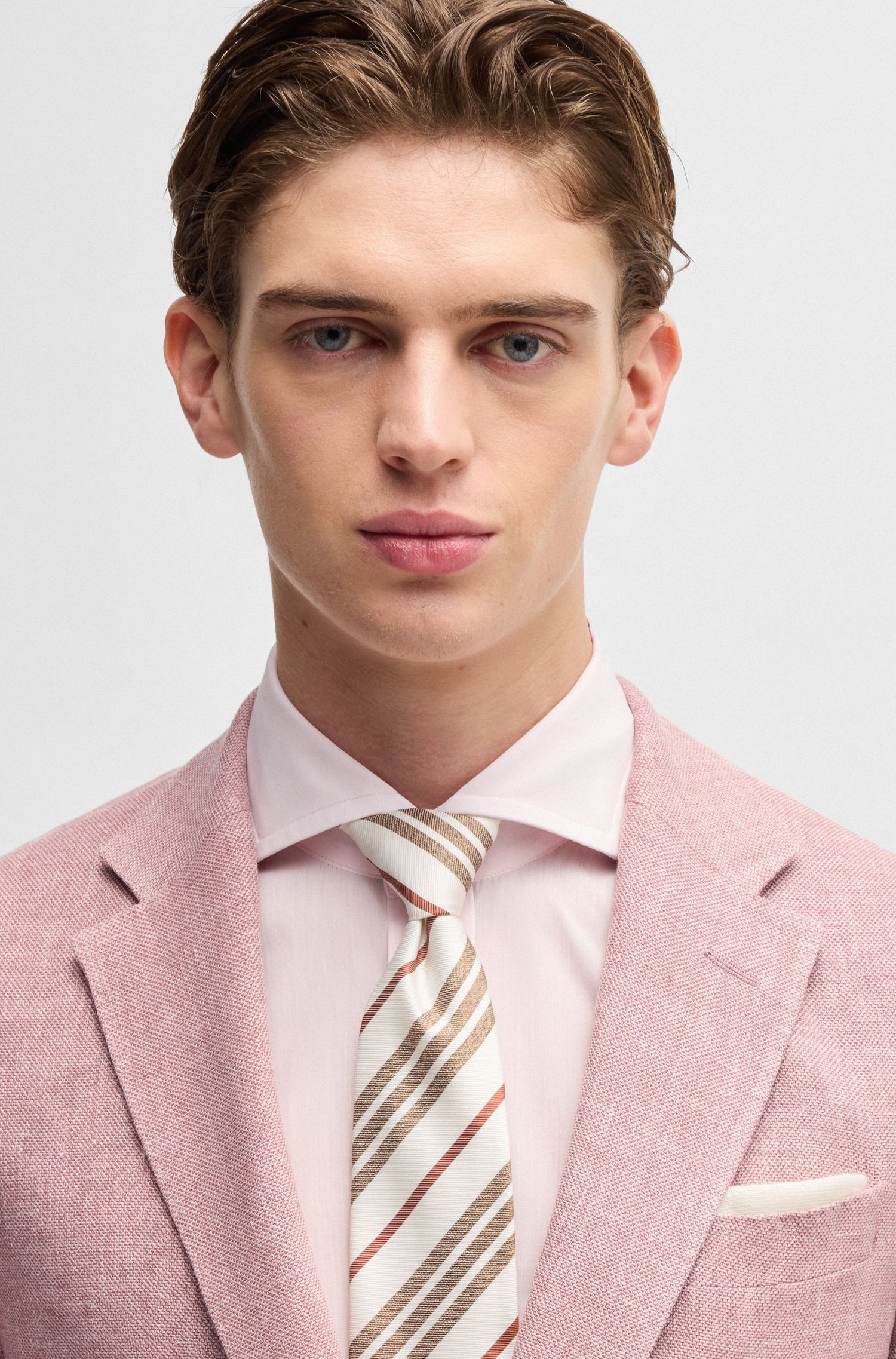 BOSS - Áo blazer dáng slim-fit co giãn vải linen, len và lụa