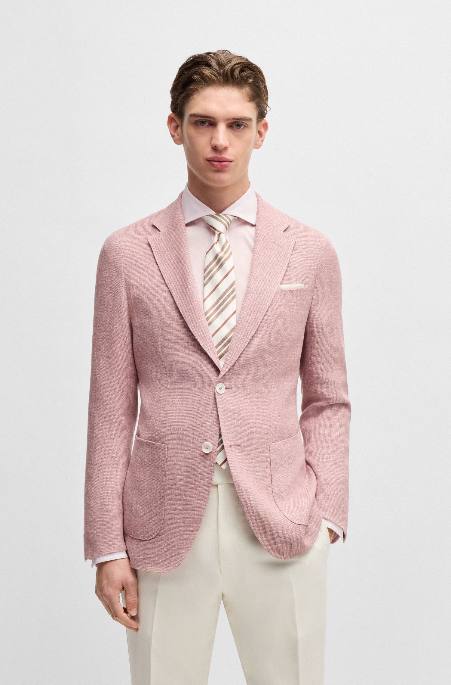 BOSS - Áo blazer dáng slim-fit co giãn vải linen, len và lụa