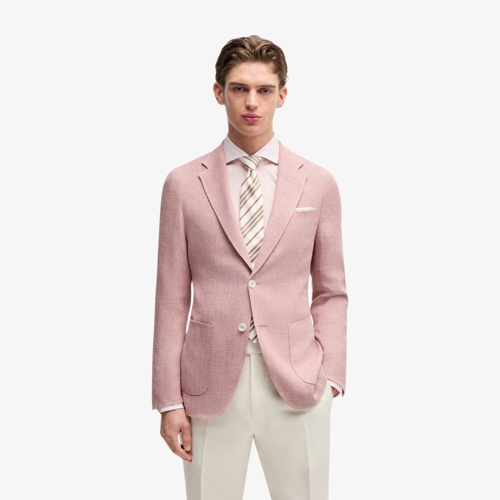 BOSS - Áo blazer dáng slim-fit co giãn vải linen, len và lụa