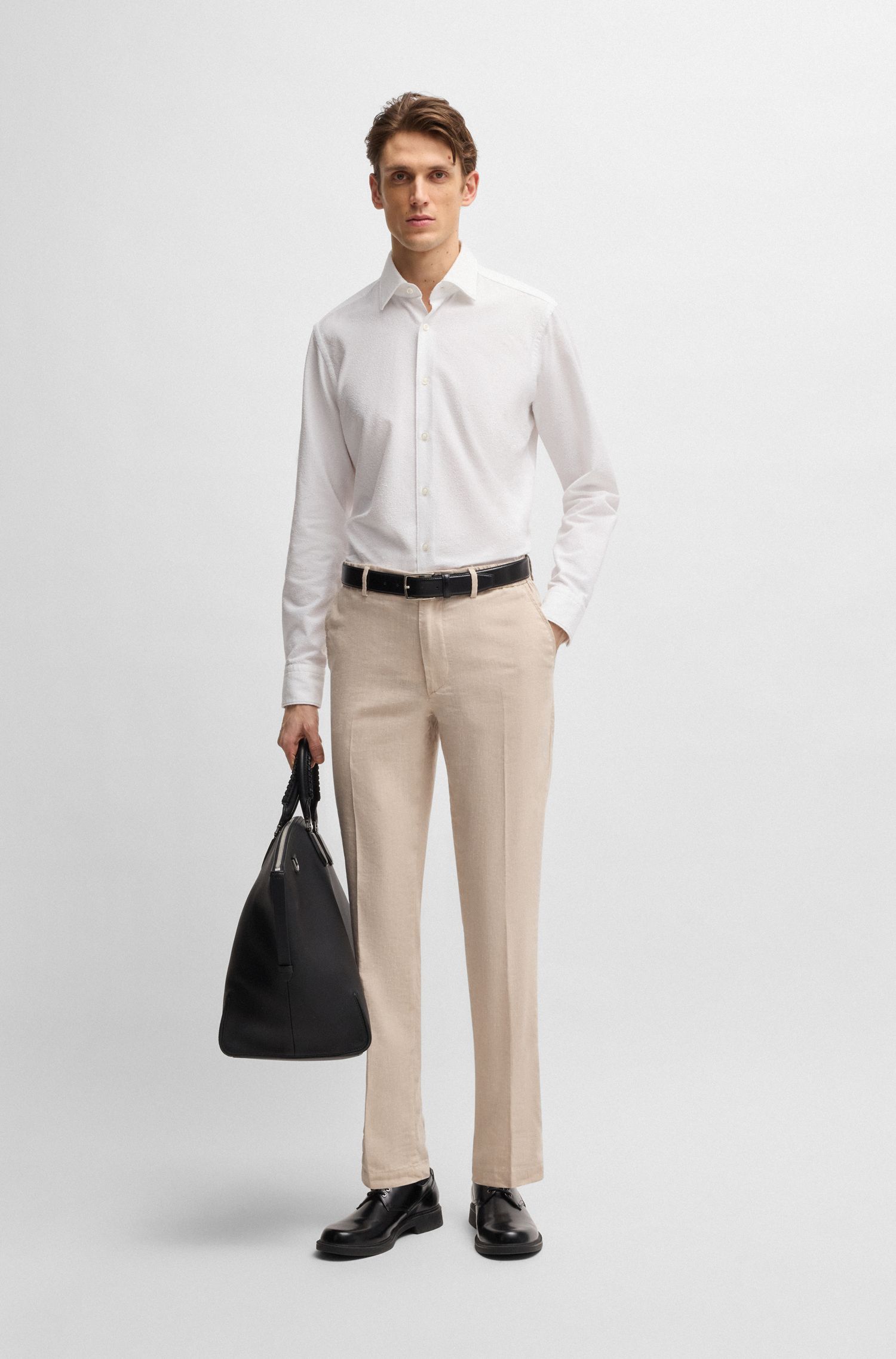 BOSS - Áo sơ mi dáng regular fit vải bouclé Ý pha cotton