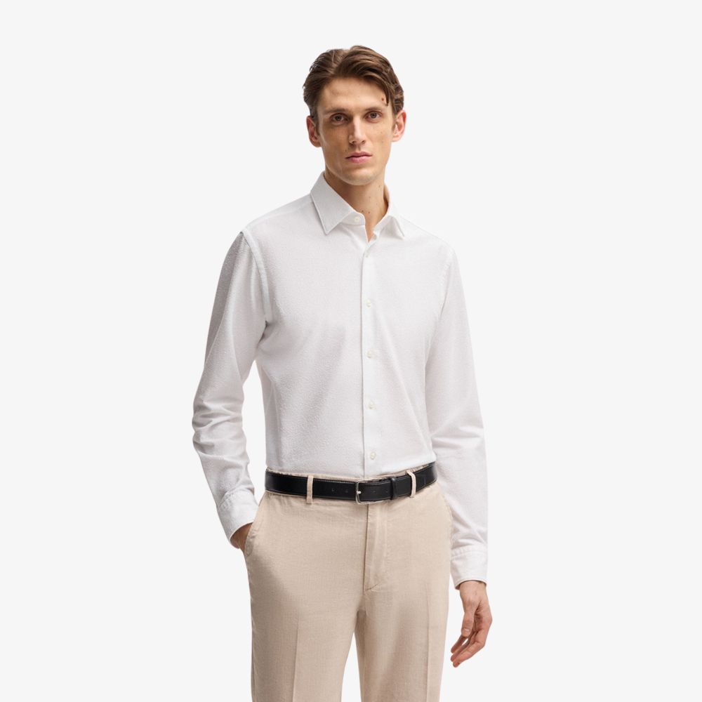 BOSS - Áo sơ mi dáng regular fit vải bouclé Ý pha cotton