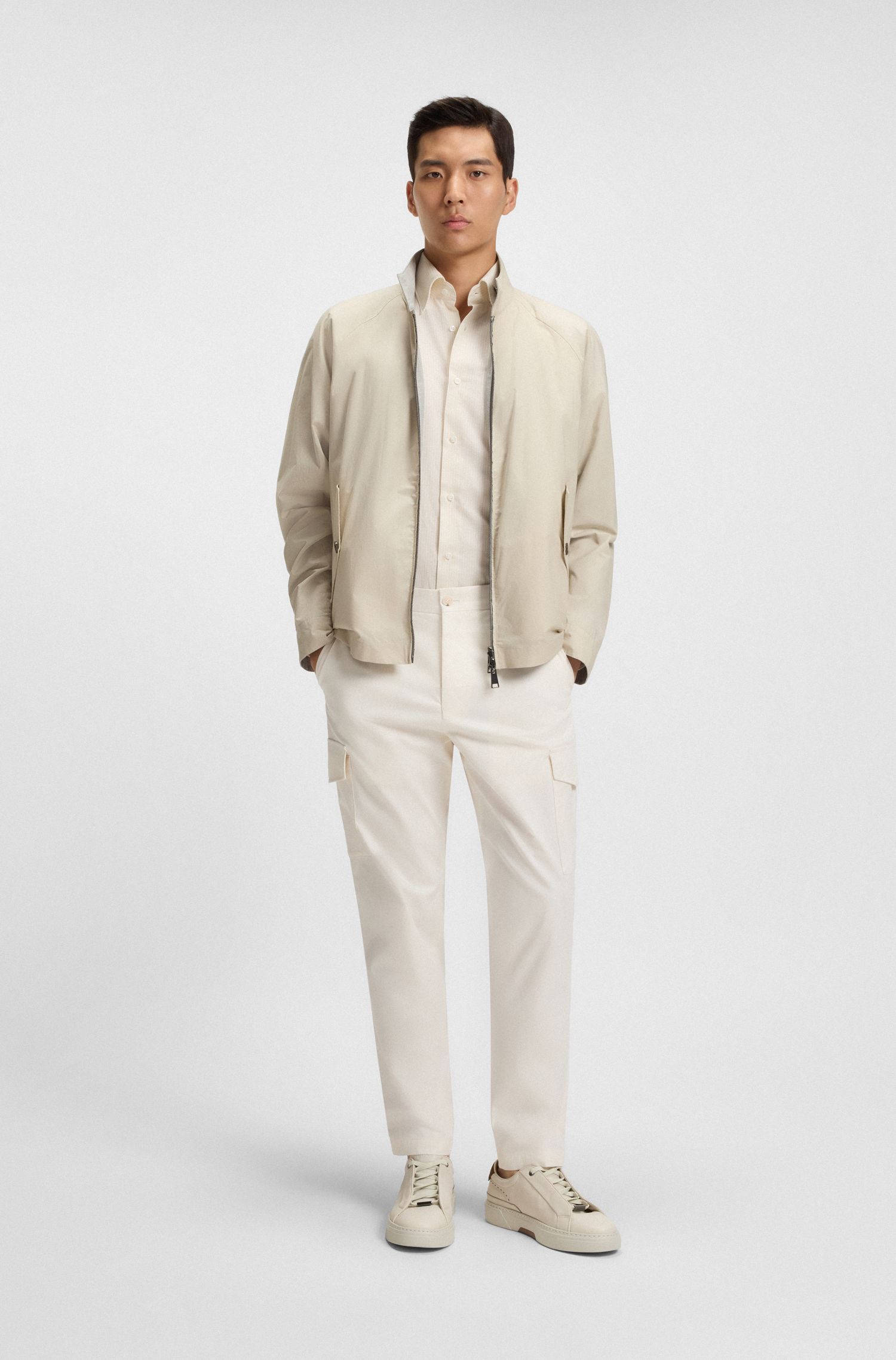 BOSS - Áo sơ mi dáng slim-fit vải cotton sọc, linen và lụa