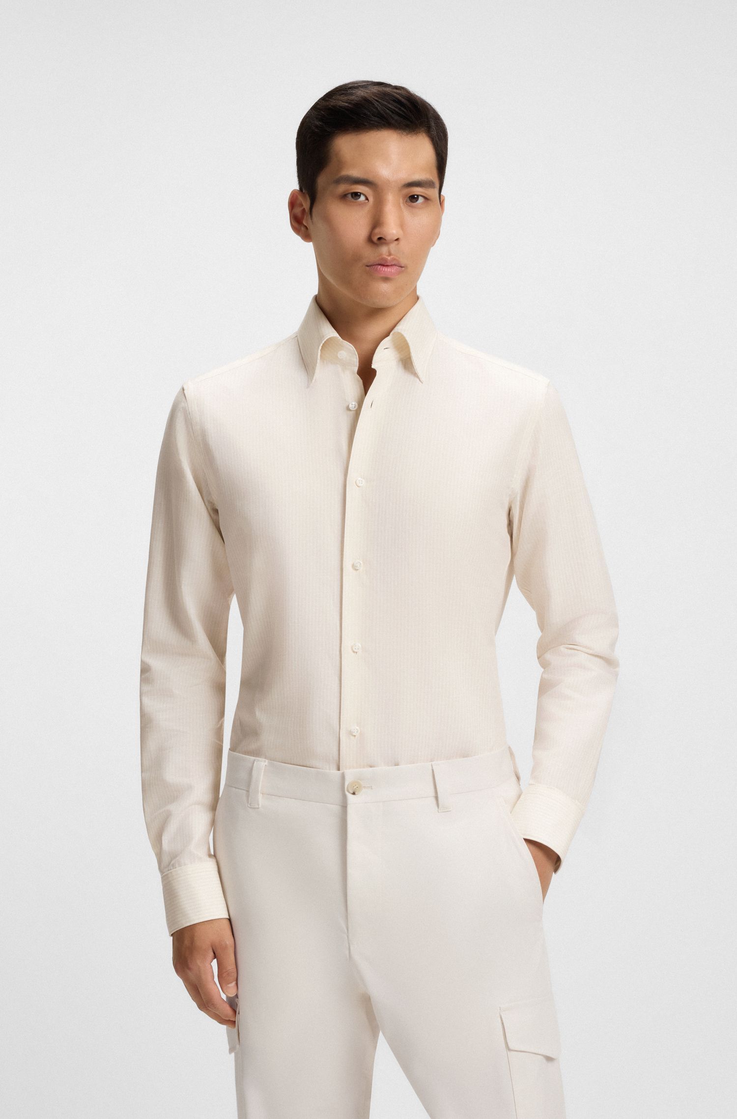 BOSS - Áo sơ mi dáng slim-fit vải cotton sọc, linen và lụa