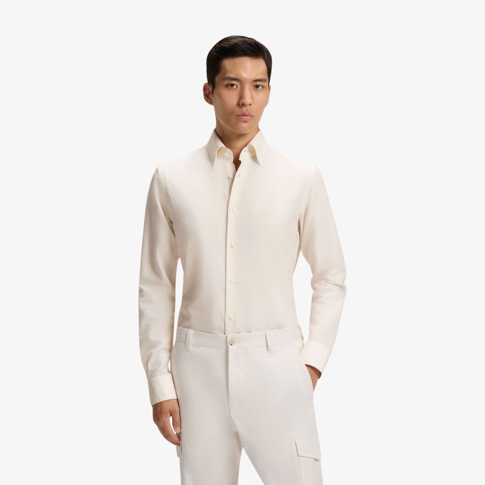 BOSS - Áo sơ mi dáng slim-fit vải cotton sọc, linen và lụa