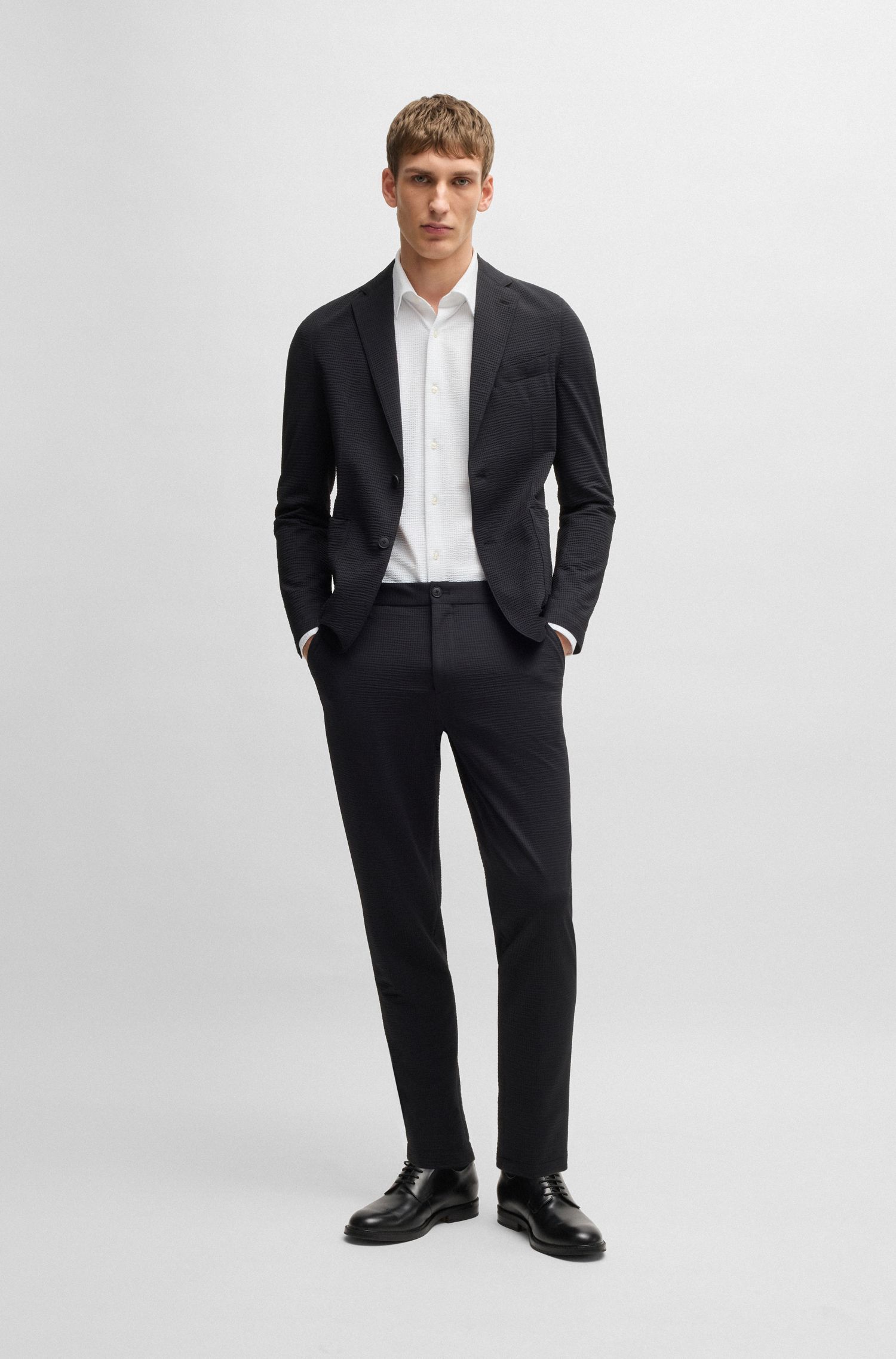 BOSS - Áo sơ mi dáng slim fit vải seersucker Ý