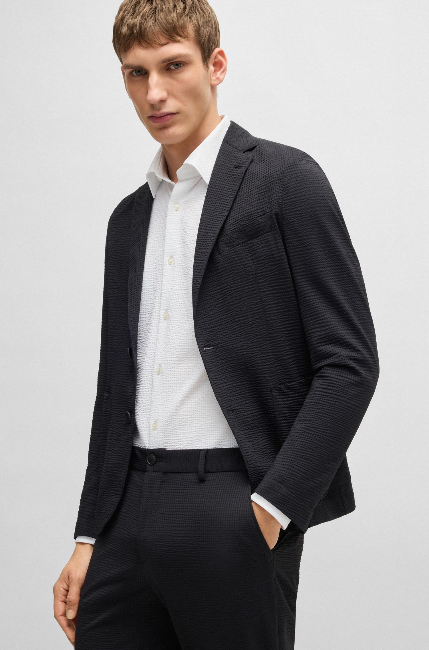 BOSS - Áo sơ mi dáng slim fit vải seersucker Ý