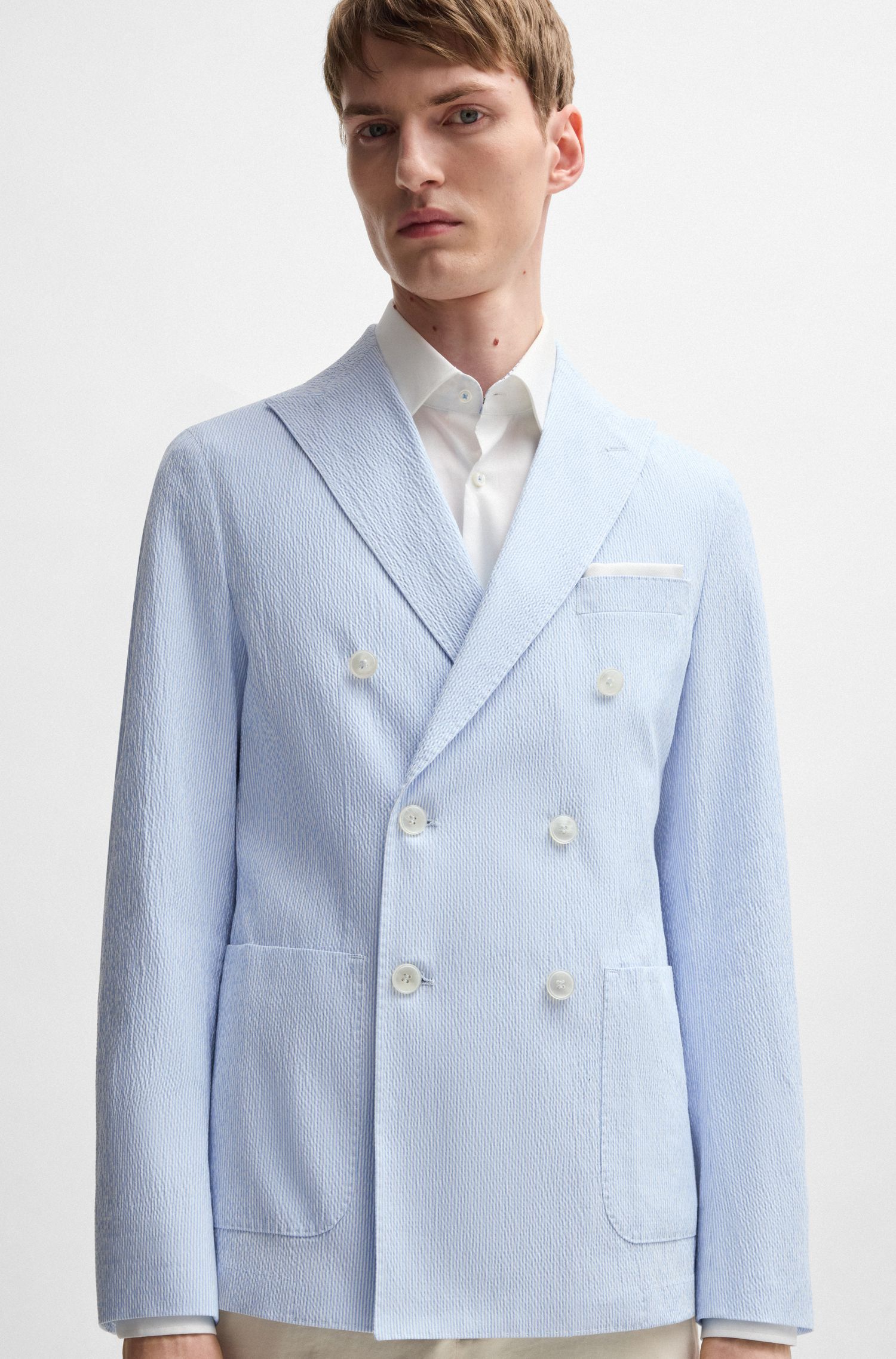 BOSS - Áo vest bộ dáng slim fit chất liệu cotton seersucker